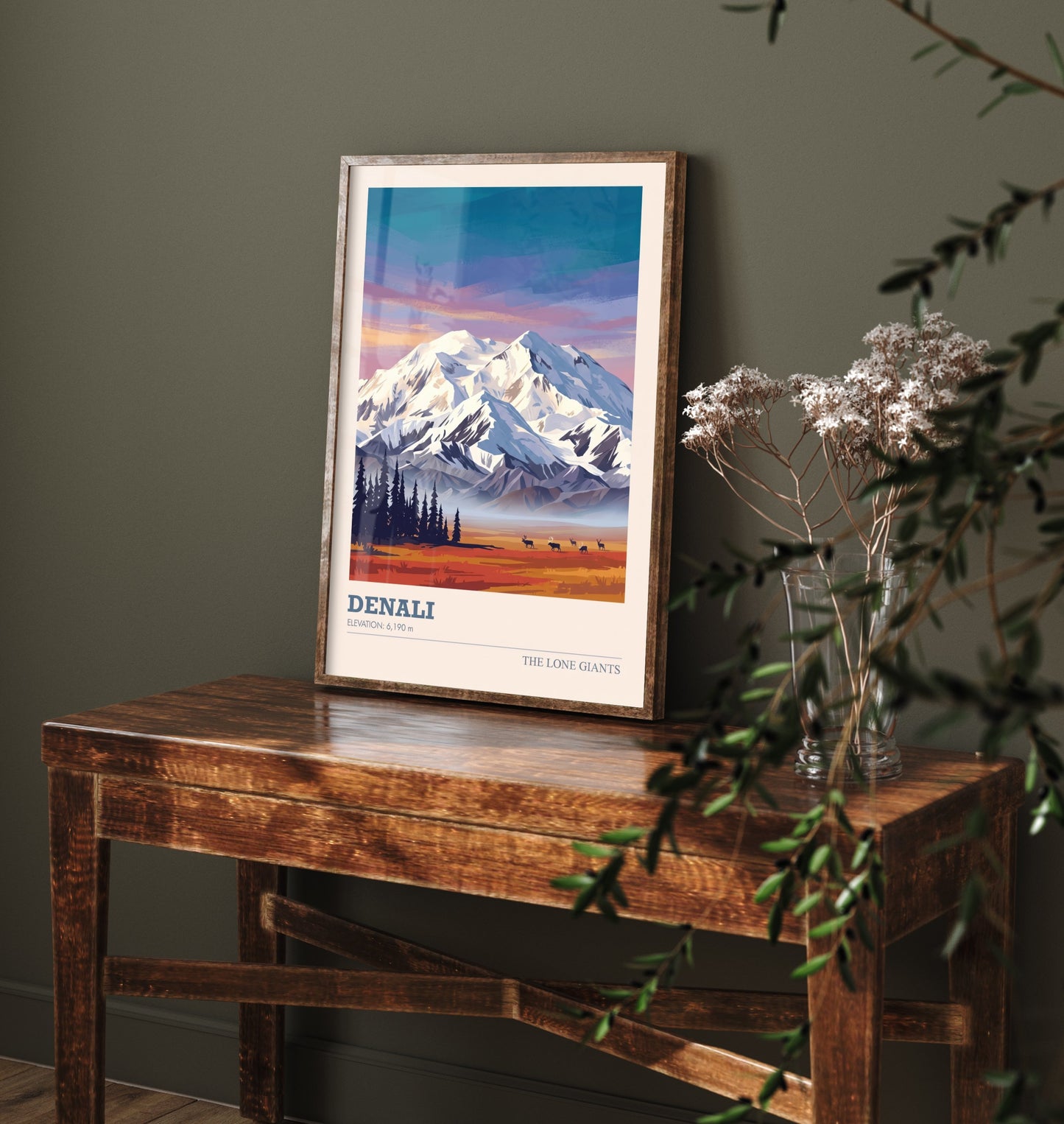 Denali Art Print - Alaska Mountain Sunset Illustration - National Park Travel Poster with Elevation 2/3