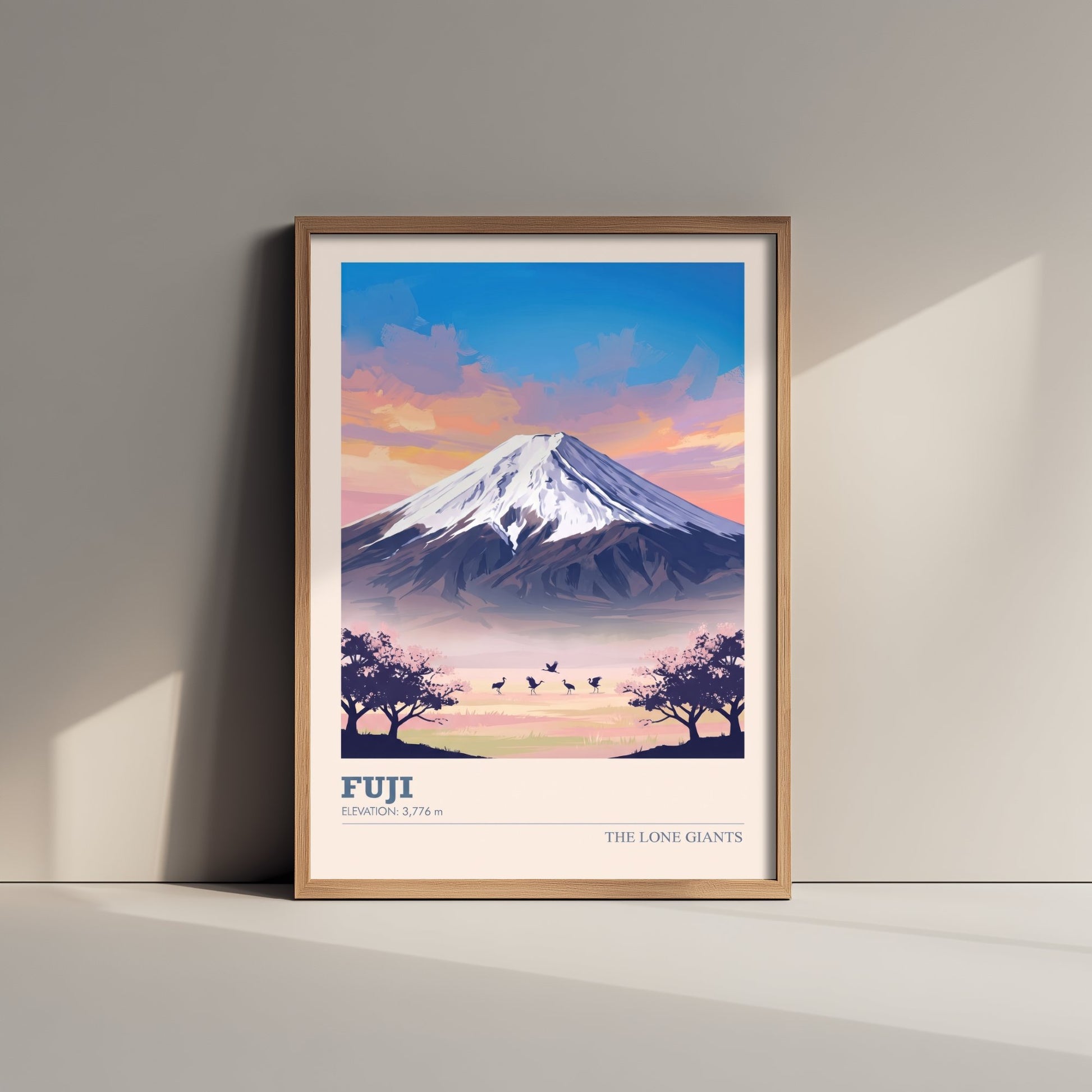 Mount Fuji Art Print - Japan Cherry Blossom Illustration - Sunrise Mountain Travel Poster with Elevation 3/3