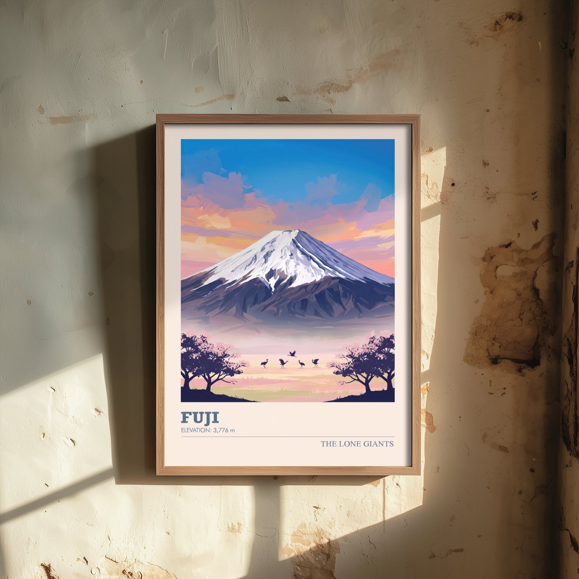 Mount Fuji Art Print - Japan Cherry Blossom Illustration - Sunrise Mountain Travel Poster with Elevation 3/3