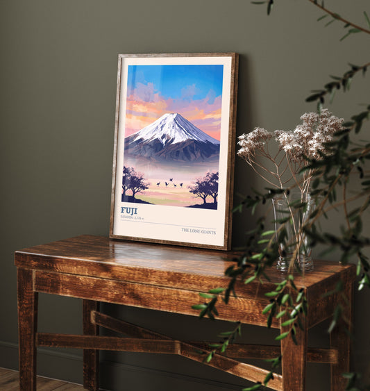 Mount Fuji Art Print - Japan Cherry Blossom Illustration - Sunrise Mountain Travel Poster with Elevation 3/3