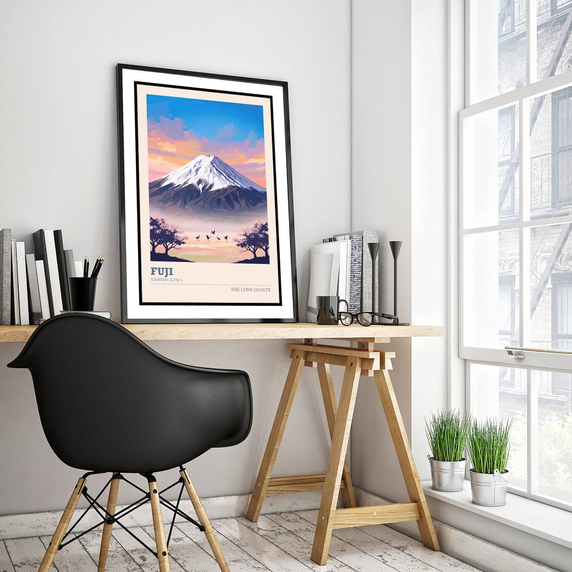 Mount Fuji Art Print - Japan Cherry Blossom Illustration - Sunrise Mountain Travel Poster with Elevation 3/3