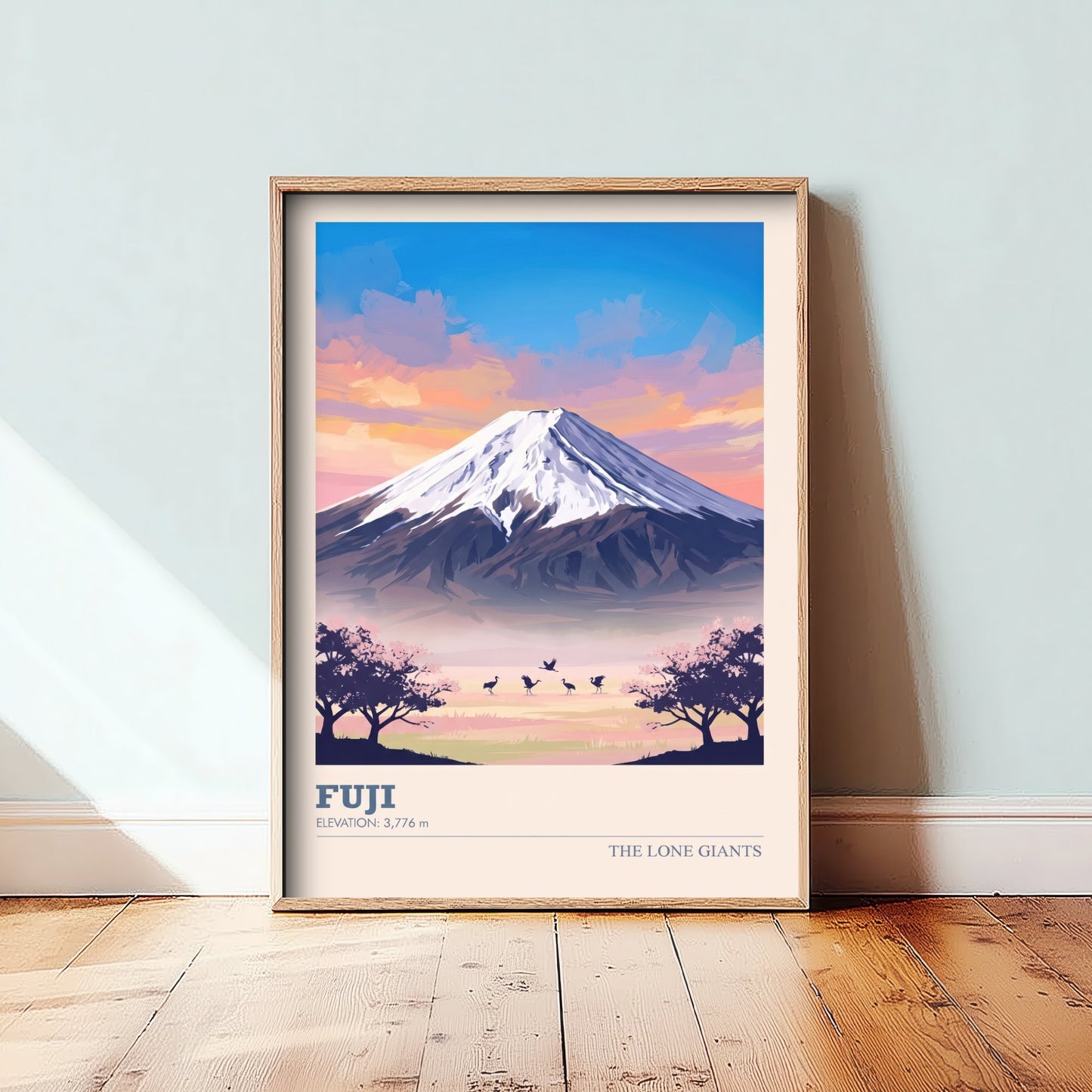 Mount Fuji Art Print - Japan Cherry Blossom Illustration - Sunrise Mountain Travel Poster with Elevation 3/3