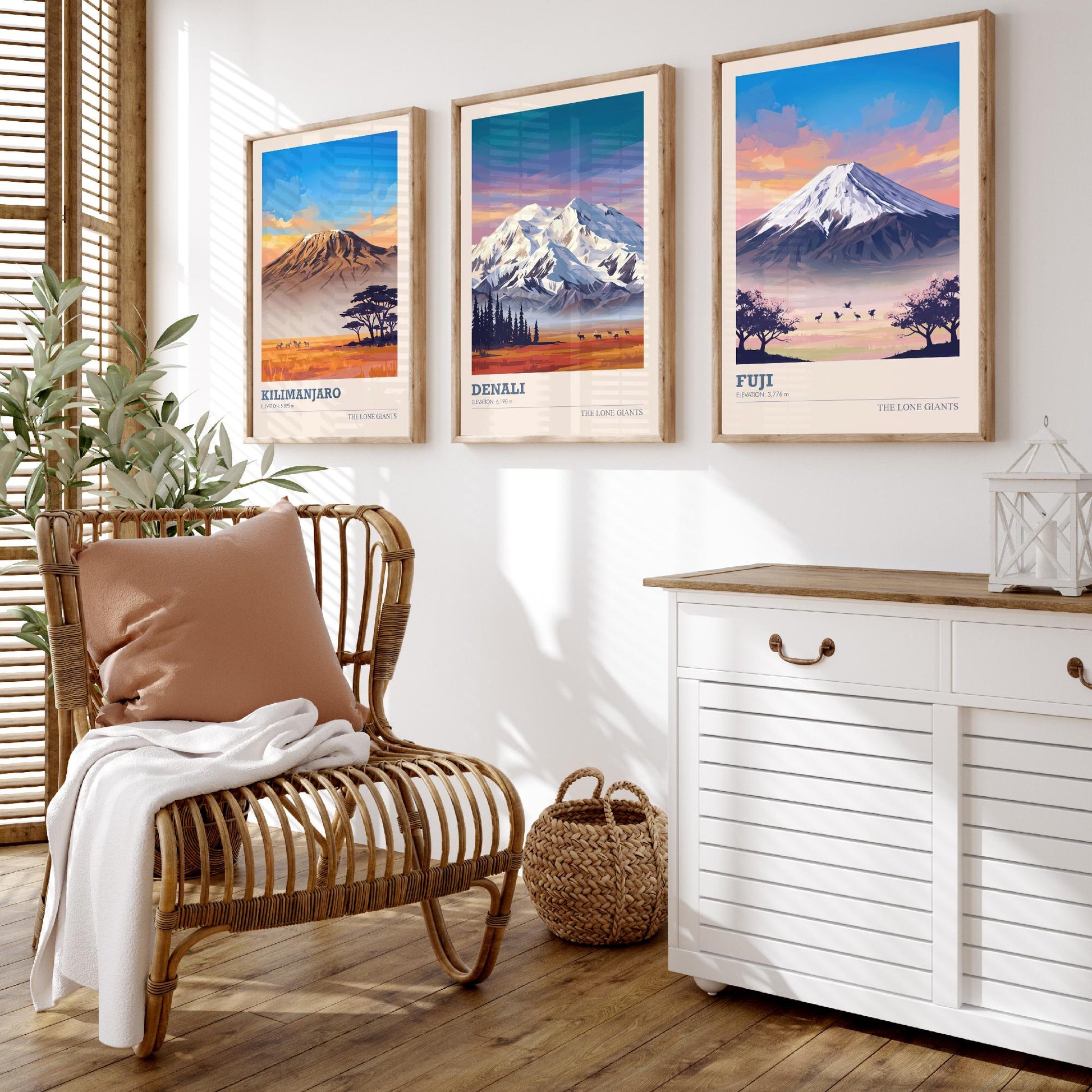 The Lone Giants Art Prints - Set of Three Mountain Posters - Kilimanjaro, Denali, Mount Fuji - Sunset Peaks Illustration