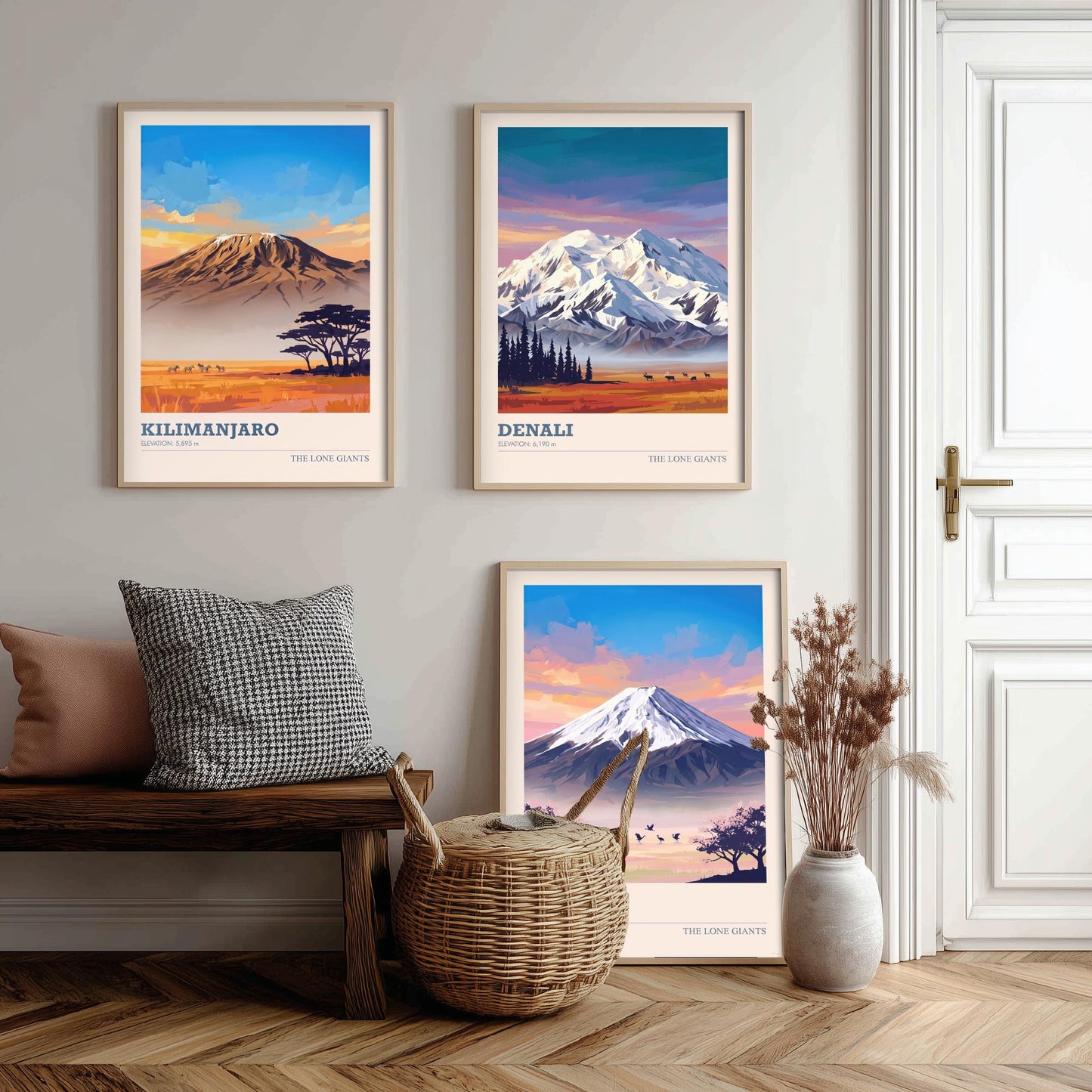 The Lone Giants Art Prints - Set of Three Mountain Posters - Kilimanjaro, Denali, Mount Fuji - Sunset Peaks Illustration