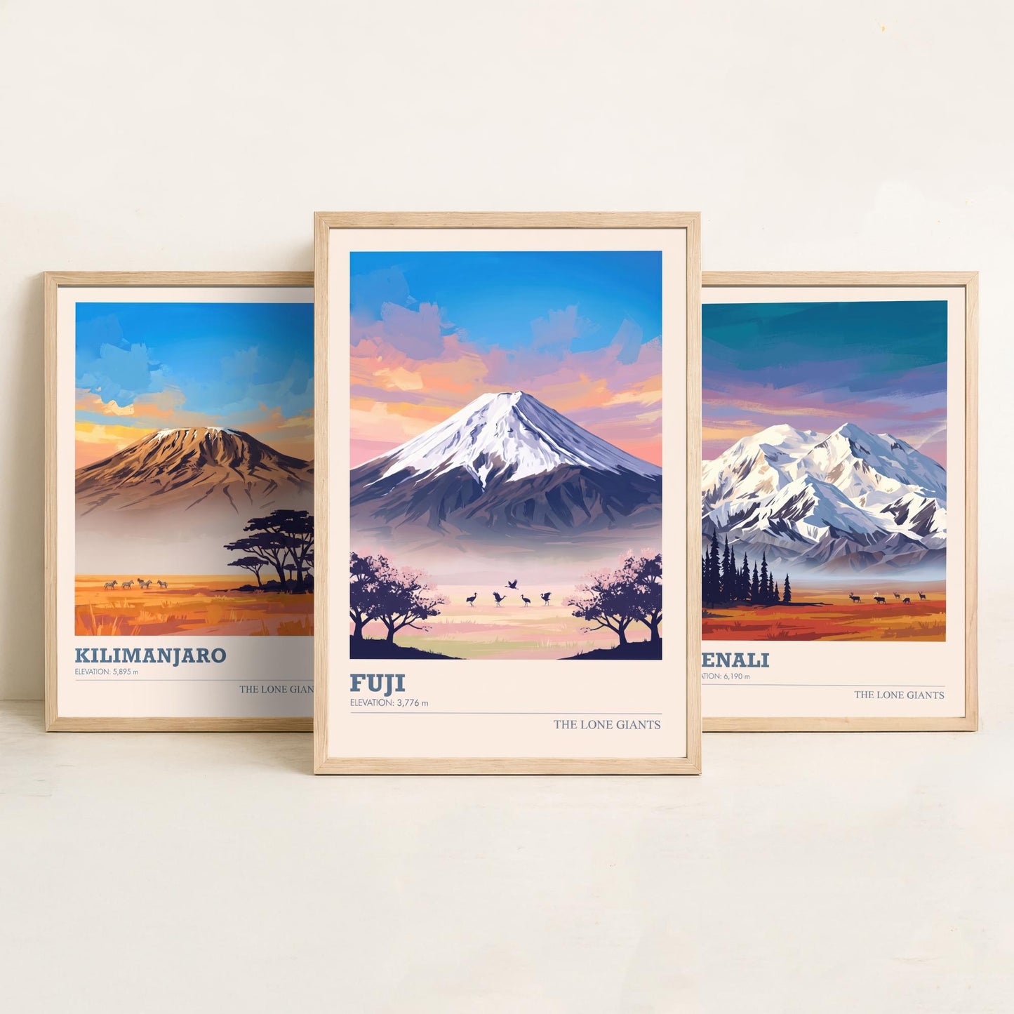 The Lone Giants Art Prints - Set of Three Mountain Posters - Kilimanjaro, Denali, Mount Fuji - Sunset Peaks Illustration