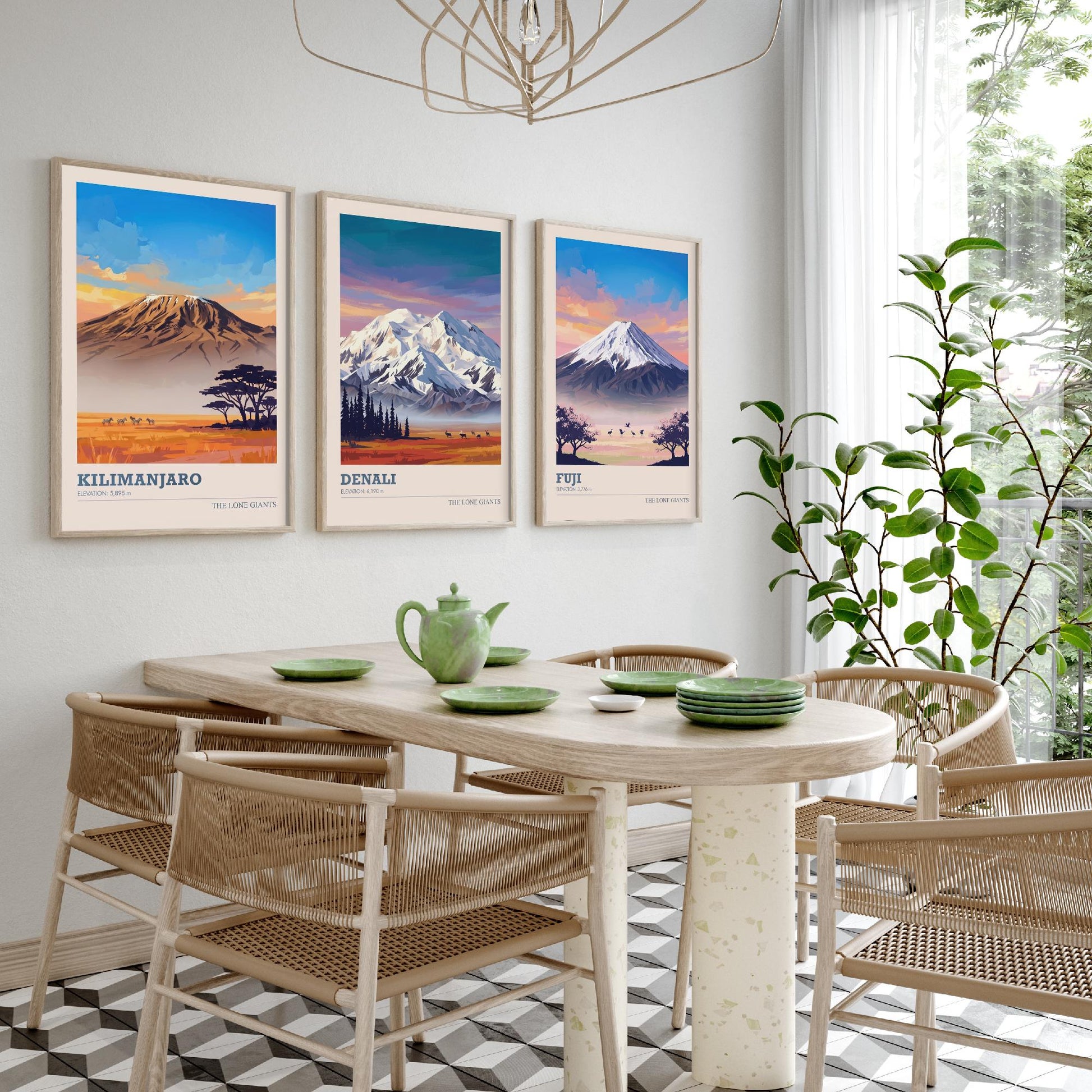 The Lone Giants Art Prints - Set of Three Mountain Posters - Kilimanjaro, Denali, Mount Fuji - Sunset Peaks Illustration