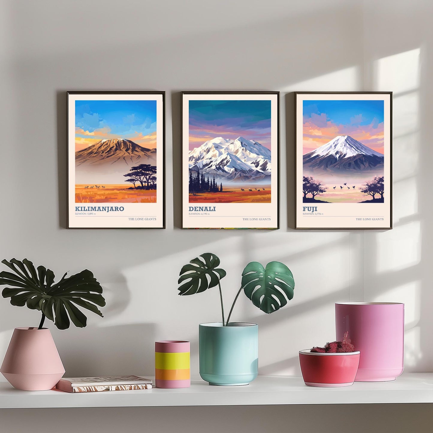 The Lone Giants Art Prints - Set of Three Mountain Posters - Kilimanjaro, Denali, Mount Fuji - Sunset Peaks Illustration