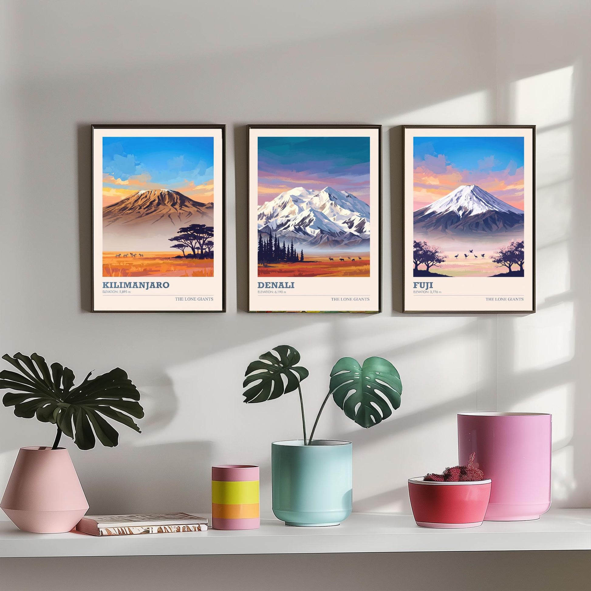 The Lone Giants Art Prints - Set of Three Mountain Posters - Kilimanjaro, Denali, Mount Fuji - Sunset Peaks Illustration