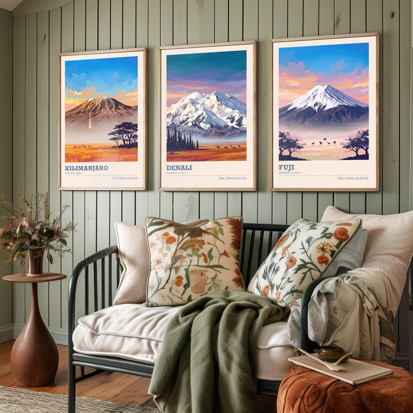 The Lone Giants Art Prints - Set of Three Mountain Posters - Kilimanjaro, Denali, Mount Fuji - Sunset Peaks Illustration