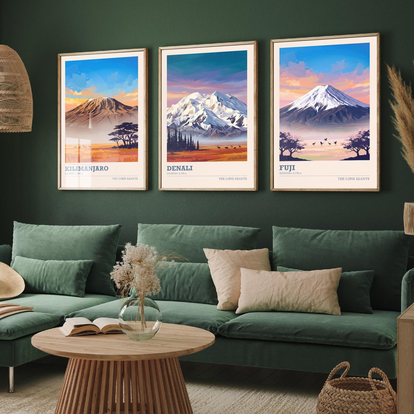 The Lone Giants Art Prints - Set of Three Mountain Posters - Kilimanjaro, Denali, Mount Fuji - Sunset Peaks Illustration