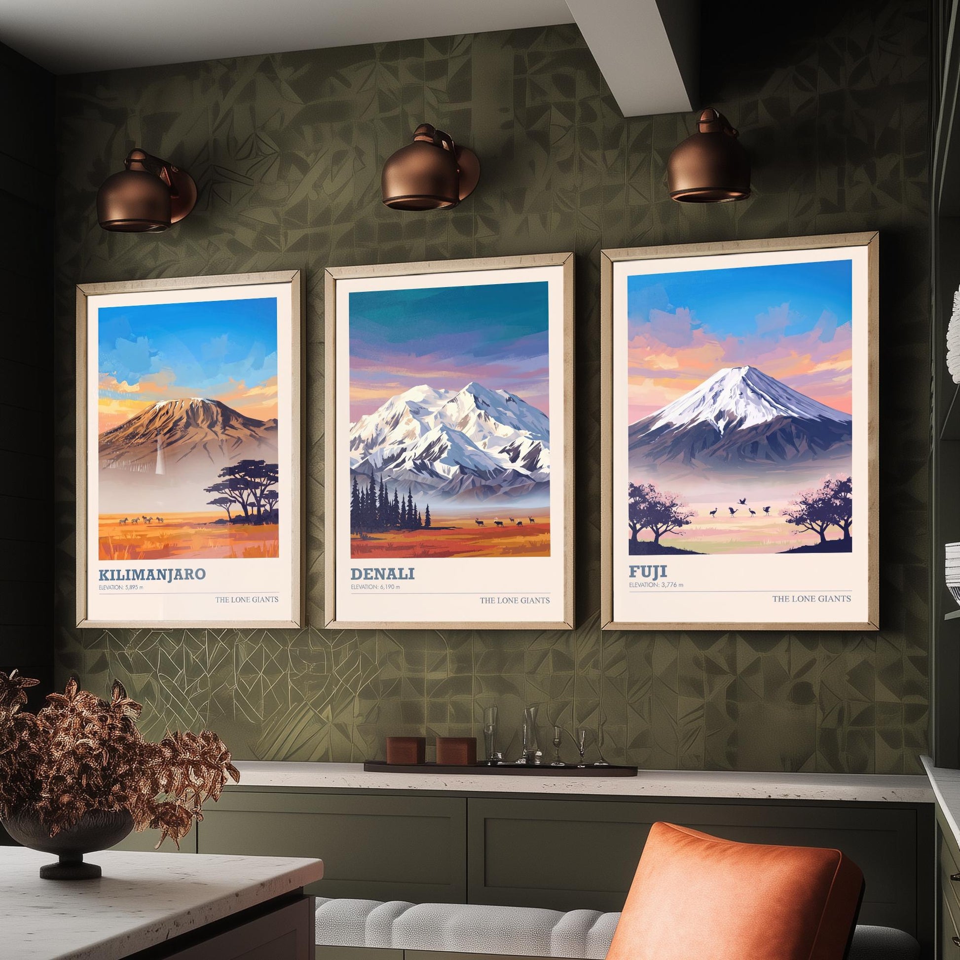 The Lone Giants Art Prints - Set of Three Mountain Posters - Kilimanjaro, Denali, Mount Fuji - Sunset Peaks Illustration