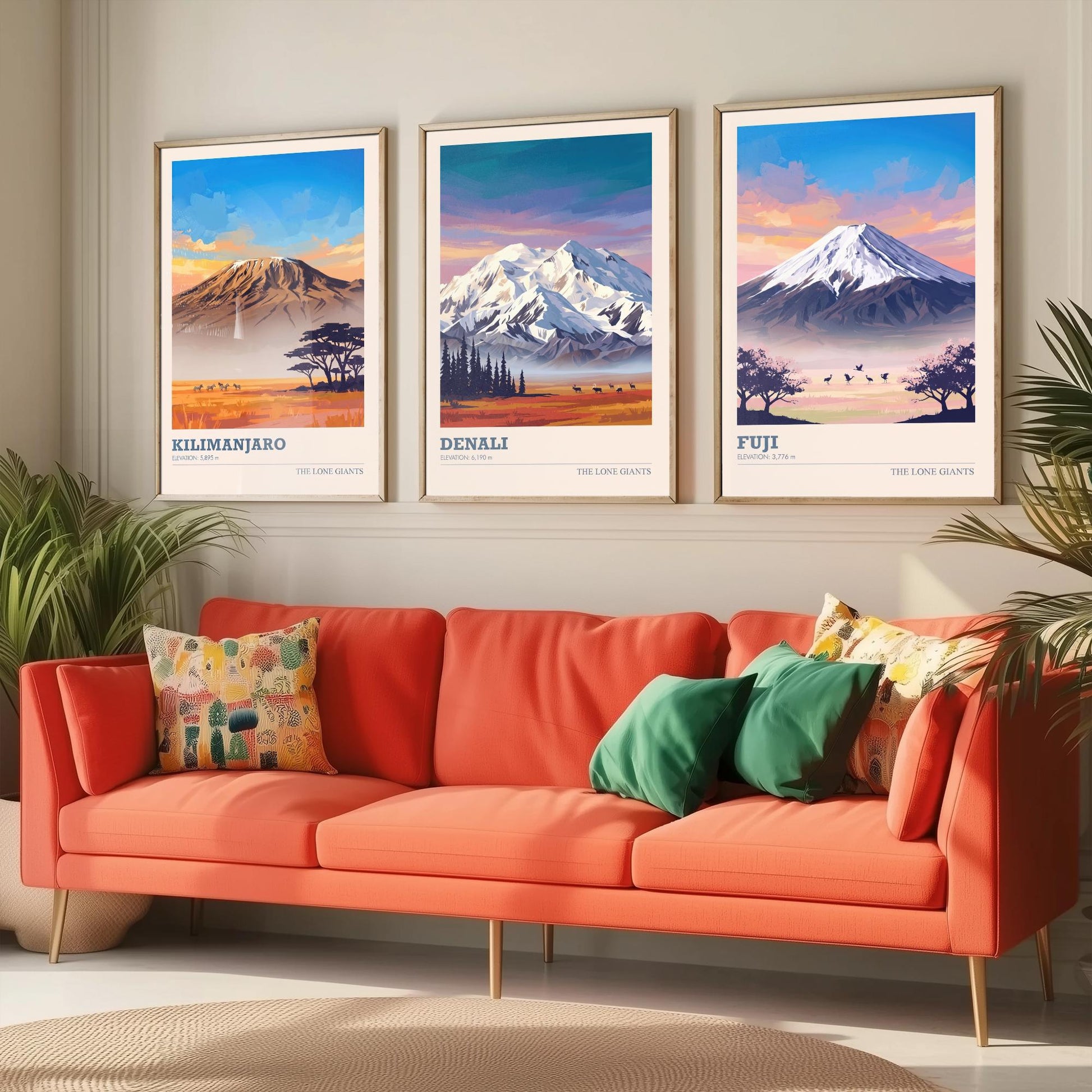 The Lone Giants Art Prints - Set of Three Mountain Posters - Kilimanjaro, Denali, Mount Fuji - Sunset Peaks Illustration