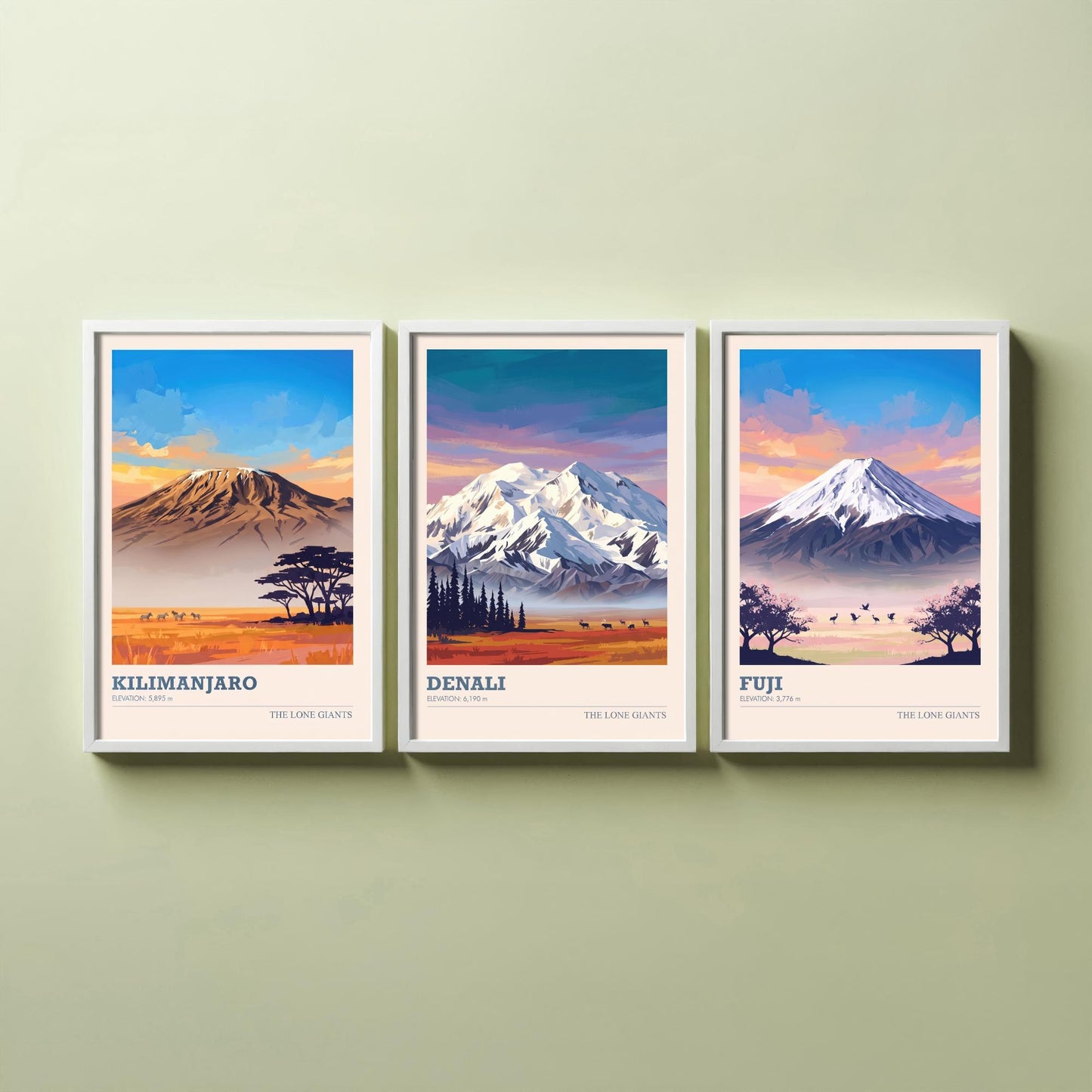 The Lone Giants Art Prints - Set of Three Mountain Posters - Kilimanjaro, Denali, Mount Fuji - Sunset Peaks Illustration
