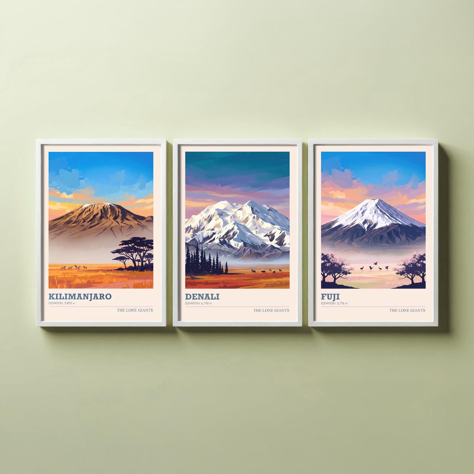 The Lone Giants Art Prints - Set of Three Mountain Posters - Kilimanjaro, Denali, Mount Fuji - Sunset Peaks Illustration