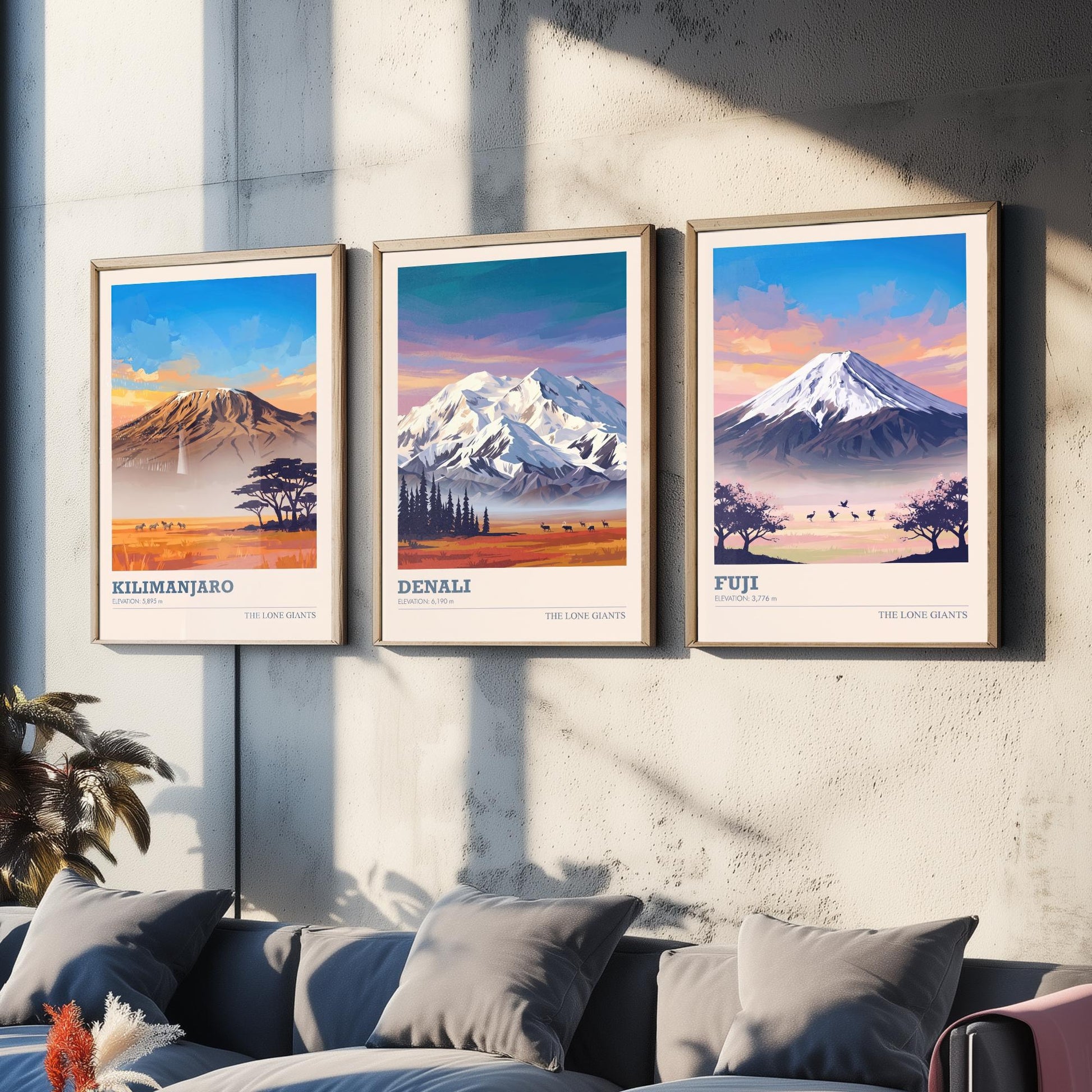 The Lone Giants Art Prints - Set of Three Mountain Posters - Kilimanjaro, Denali, Mount Fuji - Sunset Peaks Illustration