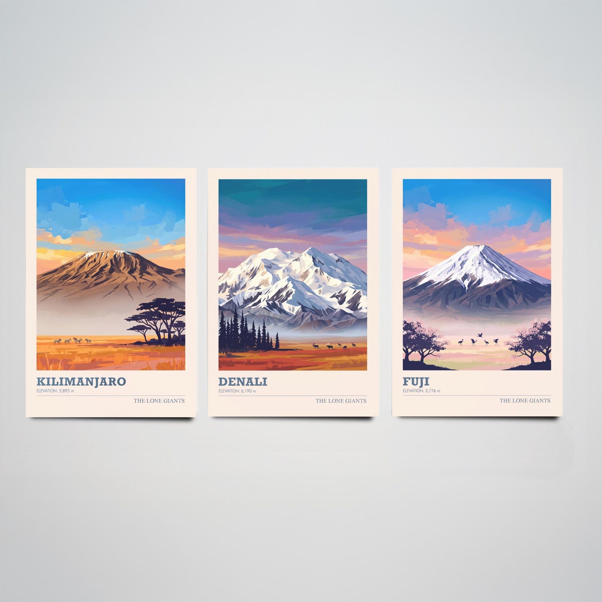 The Lone Giants Art Prints - Set of Three Mountain Posters - Kilimanjaro, Denali, Mount Fuji - Sunset Peaks Illustration