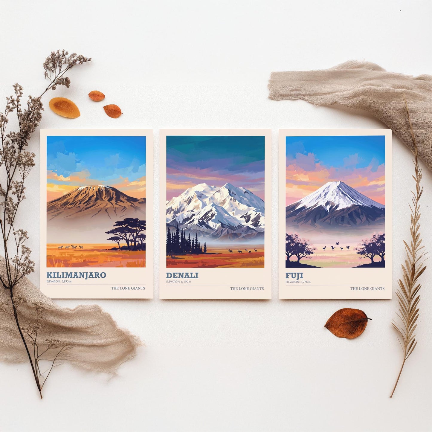 The Lone Giants Art Prints - Set of Three Mountain Posters - Kilimanjaro, Denali, Mount Fuji - Sunset Peaks Illustration