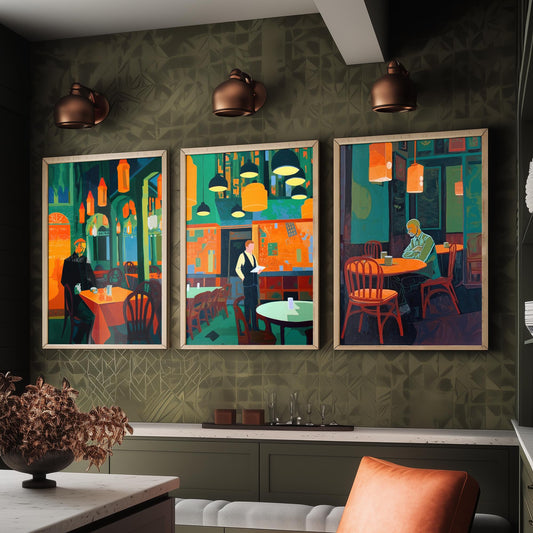 The Man in the Restaurant Set of Three Art Prints - Diner, Waiter and Lone Regular - Teal and Orange Cafe Illustration Poster