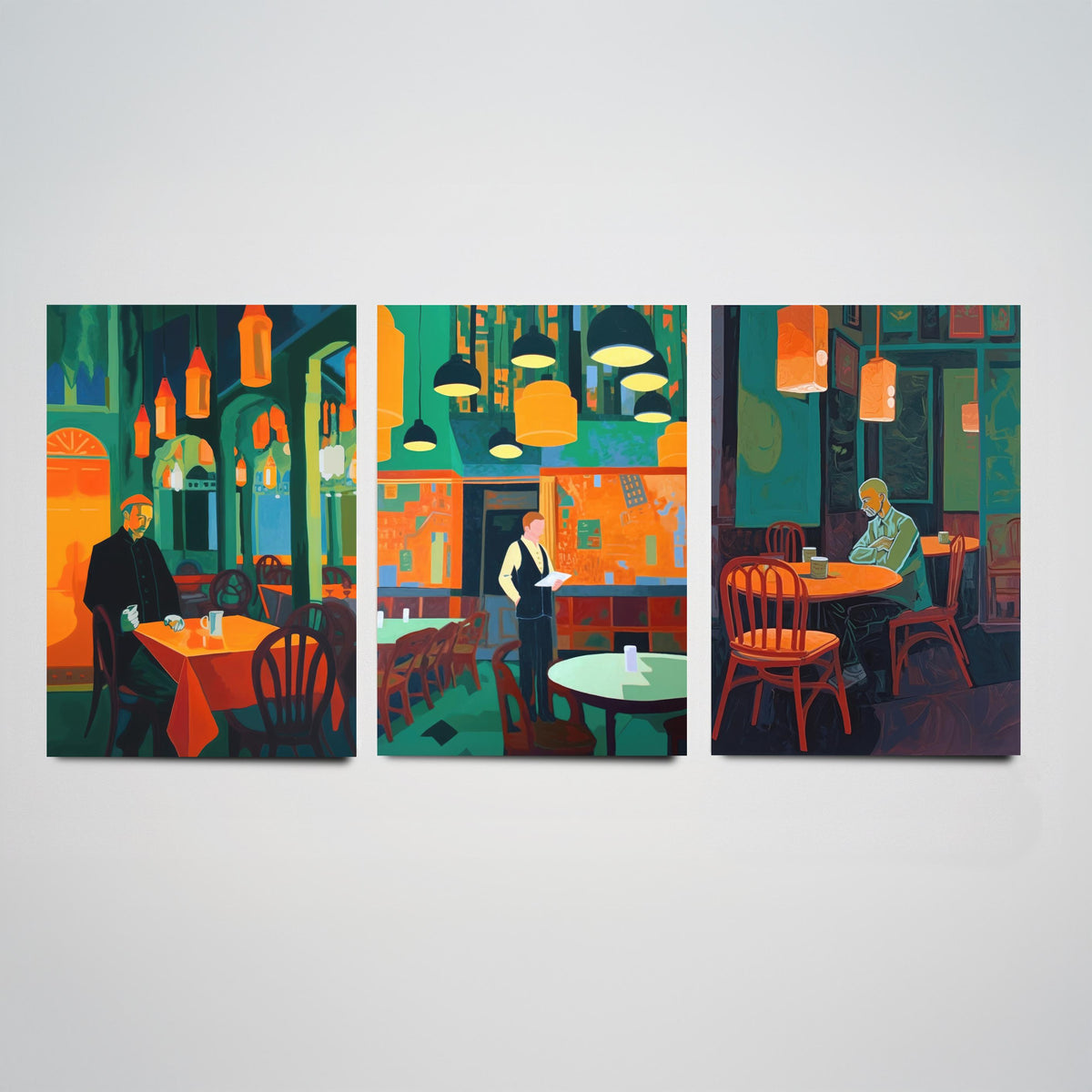 The Man in the Restaurant Set of Three Art Prints - Diner, Waiter and Lone Regular - Teal and Orange Cafe Illustration Poster
