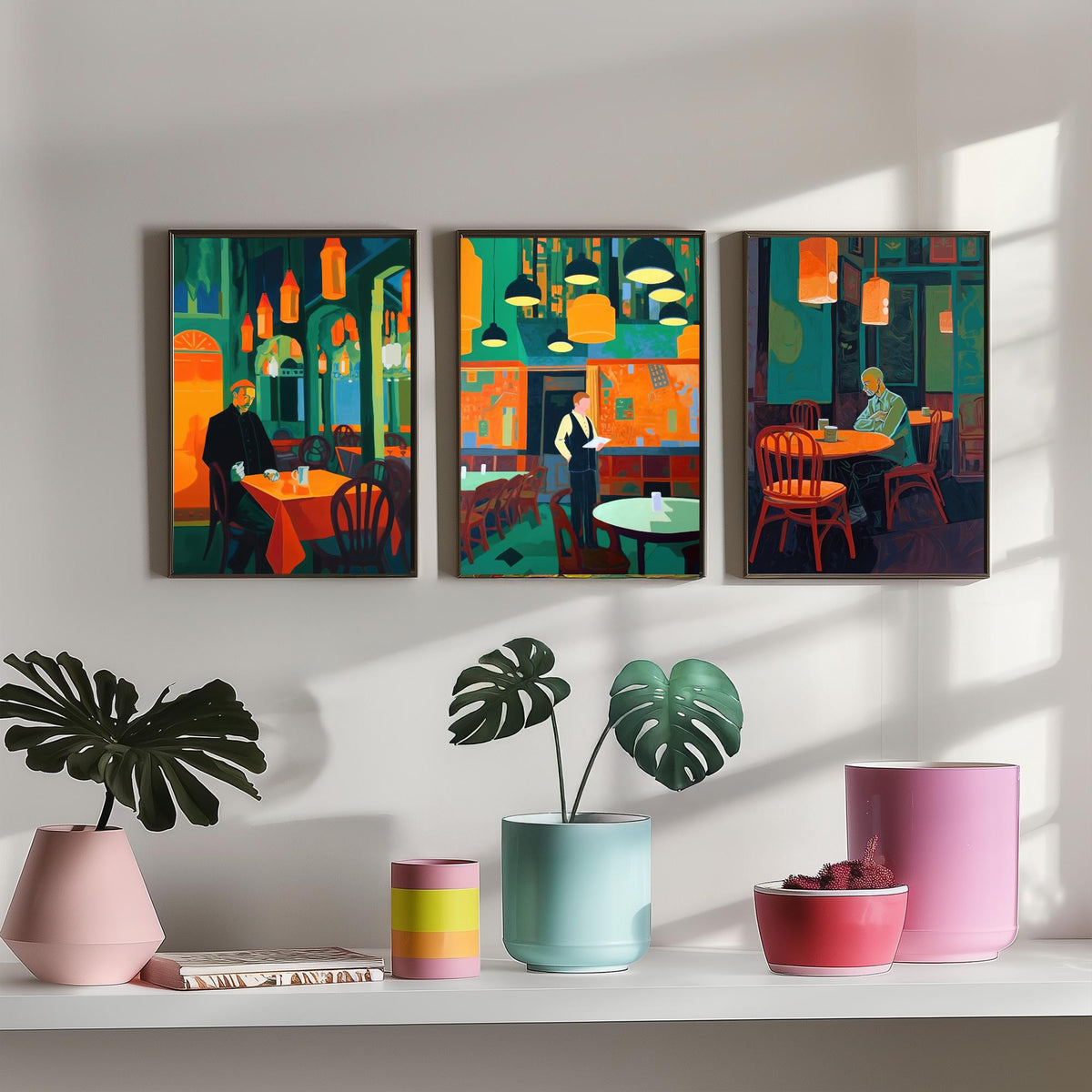 The Man in the Restaurant Set of Three Art Prints - Diner, Waiter and Lone Regular - Teal and Orange Cafe Illustration Poster