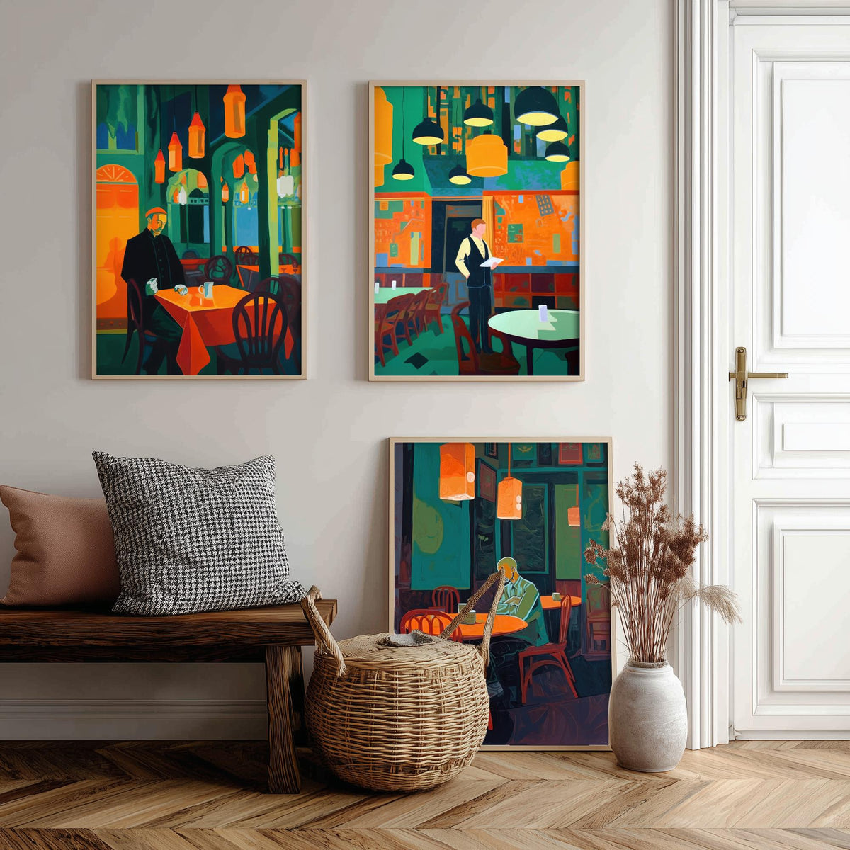 The Man in the Restaurant Set of Three Art Prints - Diner, Waiter and Lone Regular - Teal and Orange Cafe Illustration Poster