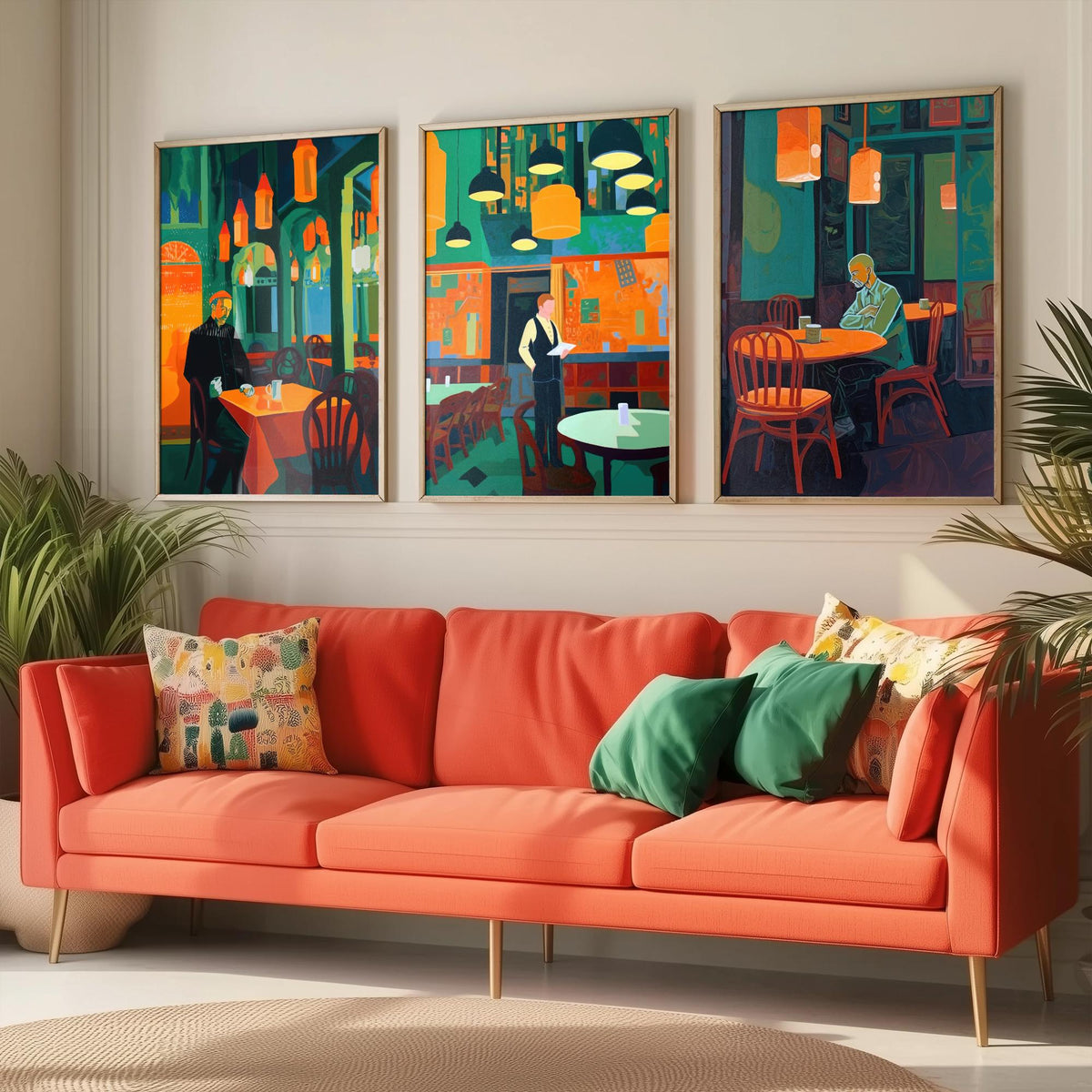 The Man in the Restaurant Set of Three Art Prints - Diner, Waiter and Lone Regular - Teal and Orange Cafe Illustration Poster
