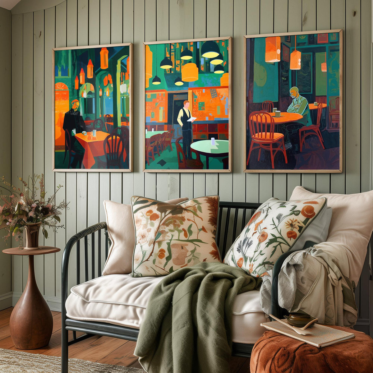 The Man in the Restaurant Set of Three Art Prints - Diner, Waiter and Lone Regular - Teal and Orange Cafe Illustration Poster