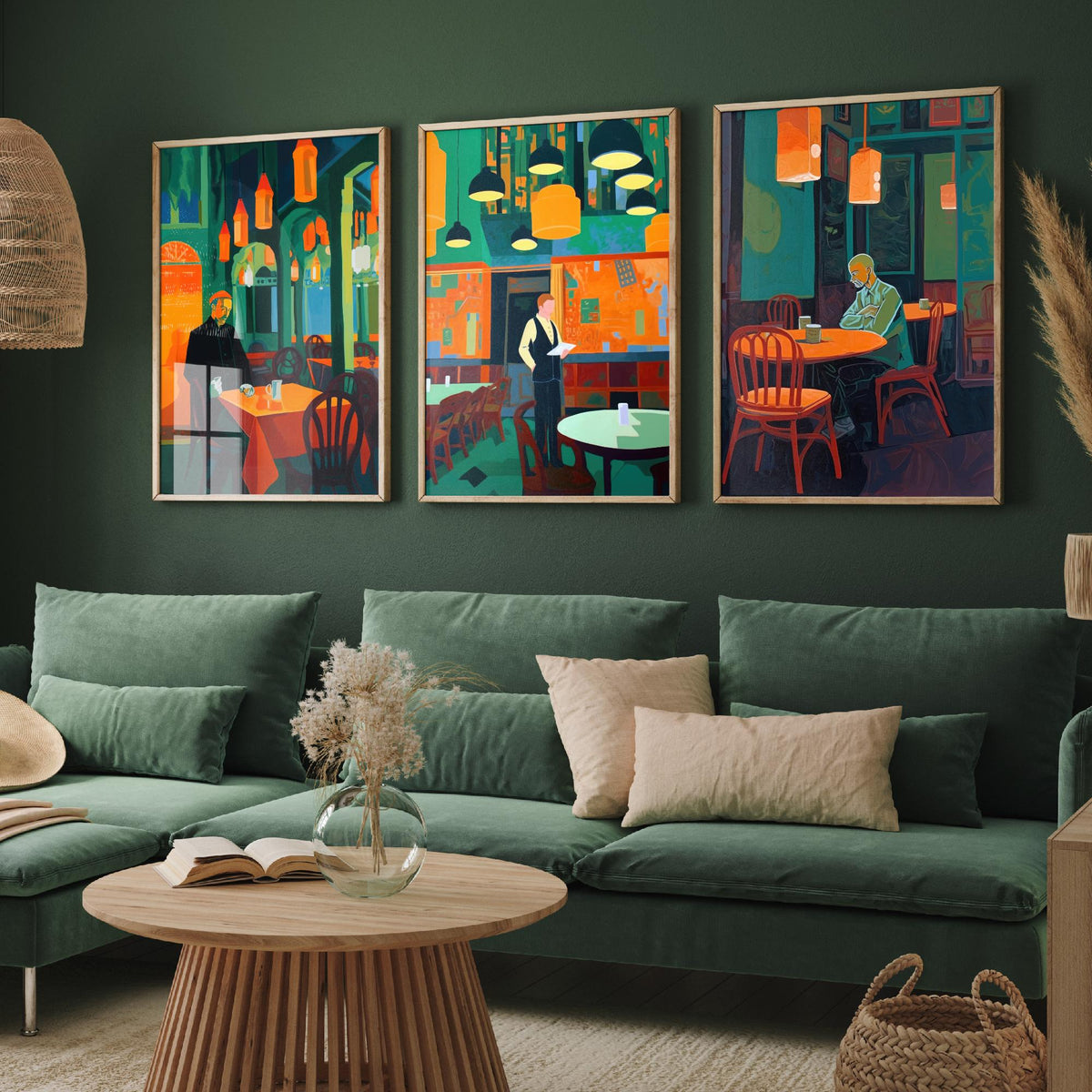 The Man in the Restaurant Set of Three Art Prints - Diner, Waiter and Lone Regular - Teal and Orange Cafe Illustration Poster