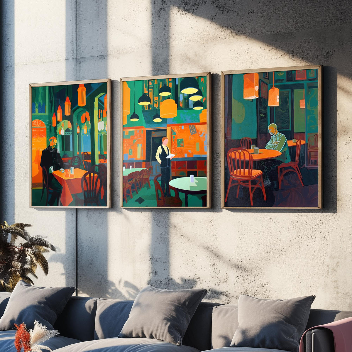 The Man in the Restaurant Set of Three Art Prints - Diner, Waiter and Lone Regular - Teal and Orange Cafe Illustration Poster
