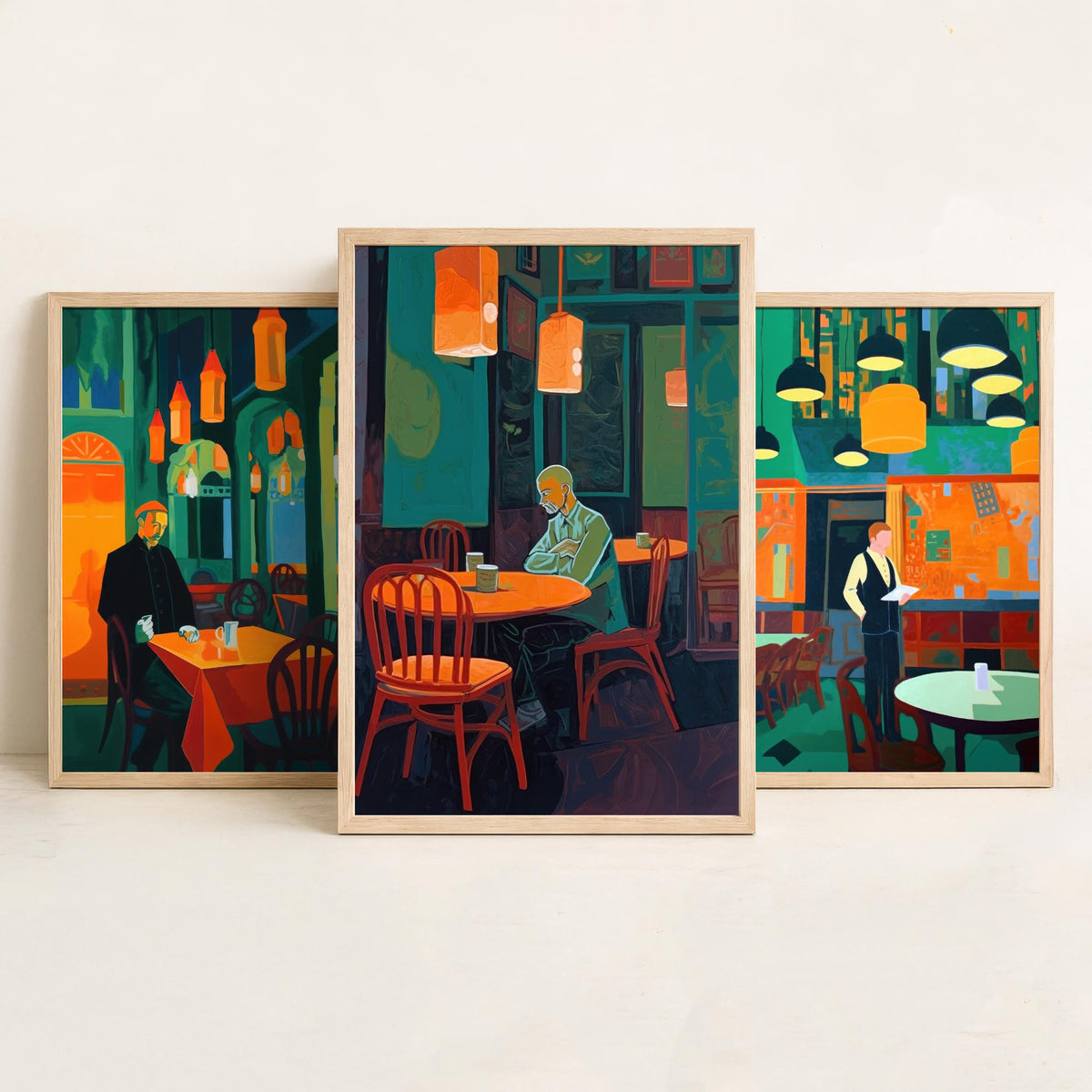 The Man in the Restaurant Set of Three Art Prints - Diner, Waiter and Lone Regular - Teal and Orange Cafe Illustration Poster