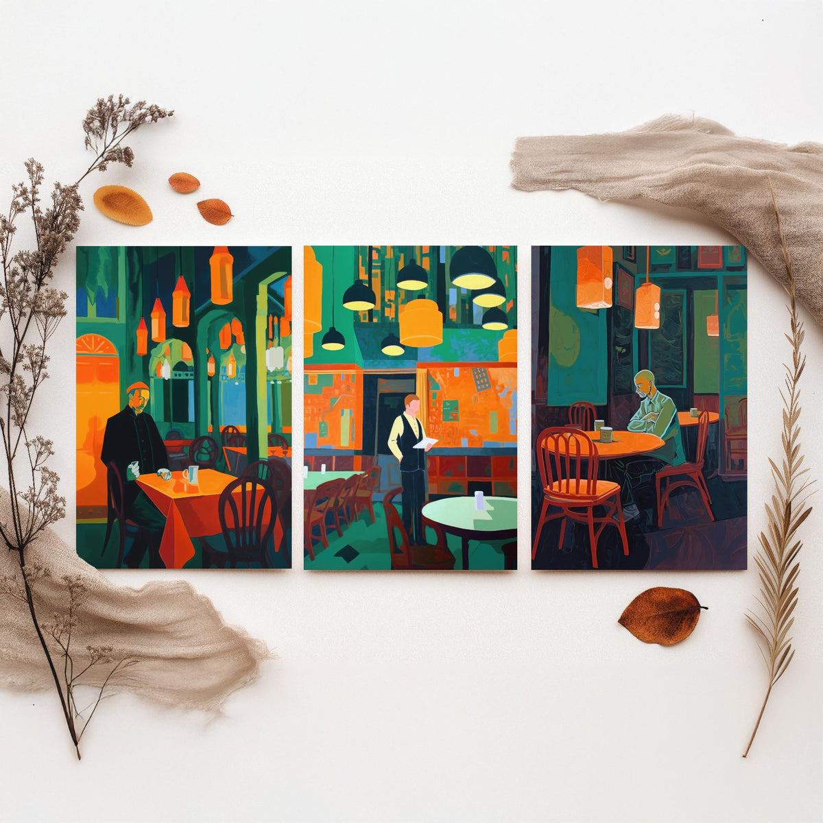 The Man in the Restaurant Set of Three Art Prints - Diner, Waiter and Lone Regular - Teal and Orange Cafe Illustration Poster