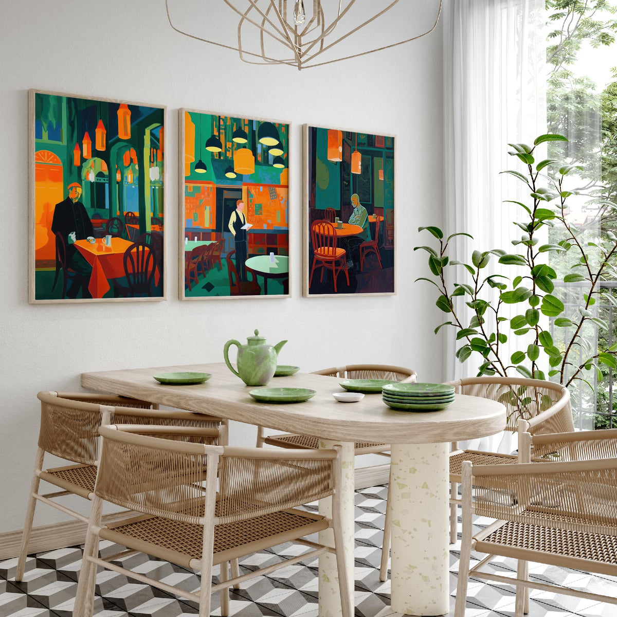 The Man in the Restaurant Set of Three Art Prints - Diner, Waiter and Lone Regular - Teal and Orange Cafe Illustration Poster