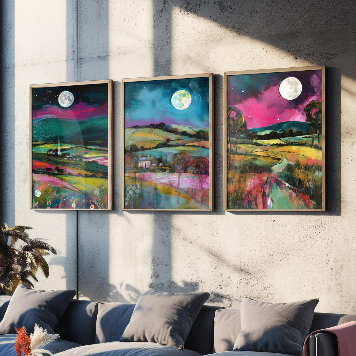 The Moon Lights Up the Countryside Set of Three Art Prints - Rolling Hills, Cottage, Country Lane - Pink Teal Illustration Poster