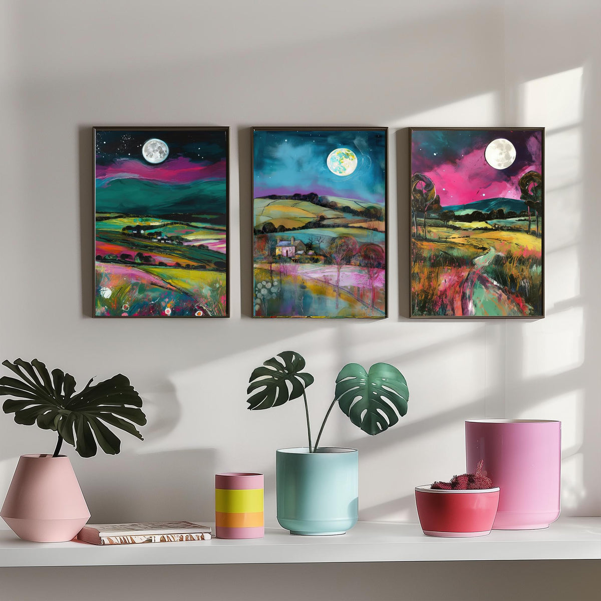 The Moon Lights Up the Countryside Set of Three Art Prints - Rolling Hills, Cottage, Country Lane - Pink Teal Illustration Poster