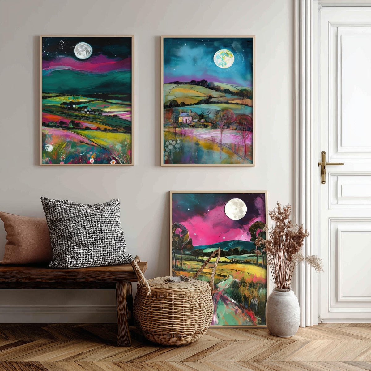 The Moon Lights Up the Countryside Set of Three Art Prints - Rolling Hills, Cottage, Country Lane - Pink Teal Illustration Poster