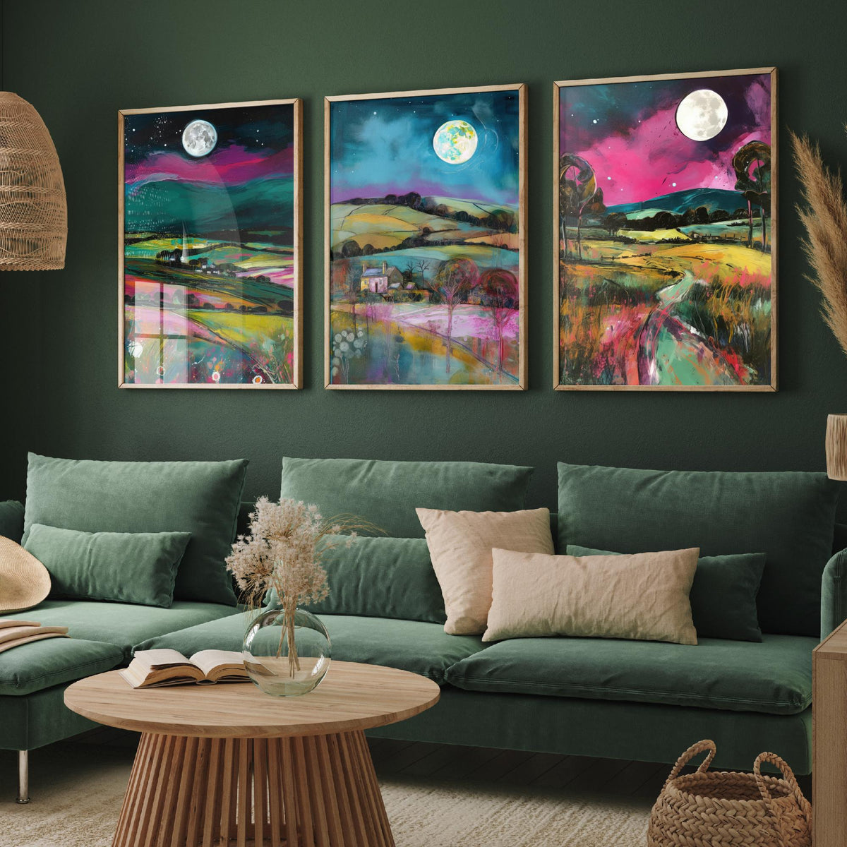 The Moon Lights Up the Countryside Set of Three Art Prints - Rolling Hills, Cottage, Country Lane - Pink Teal Illustration Poster