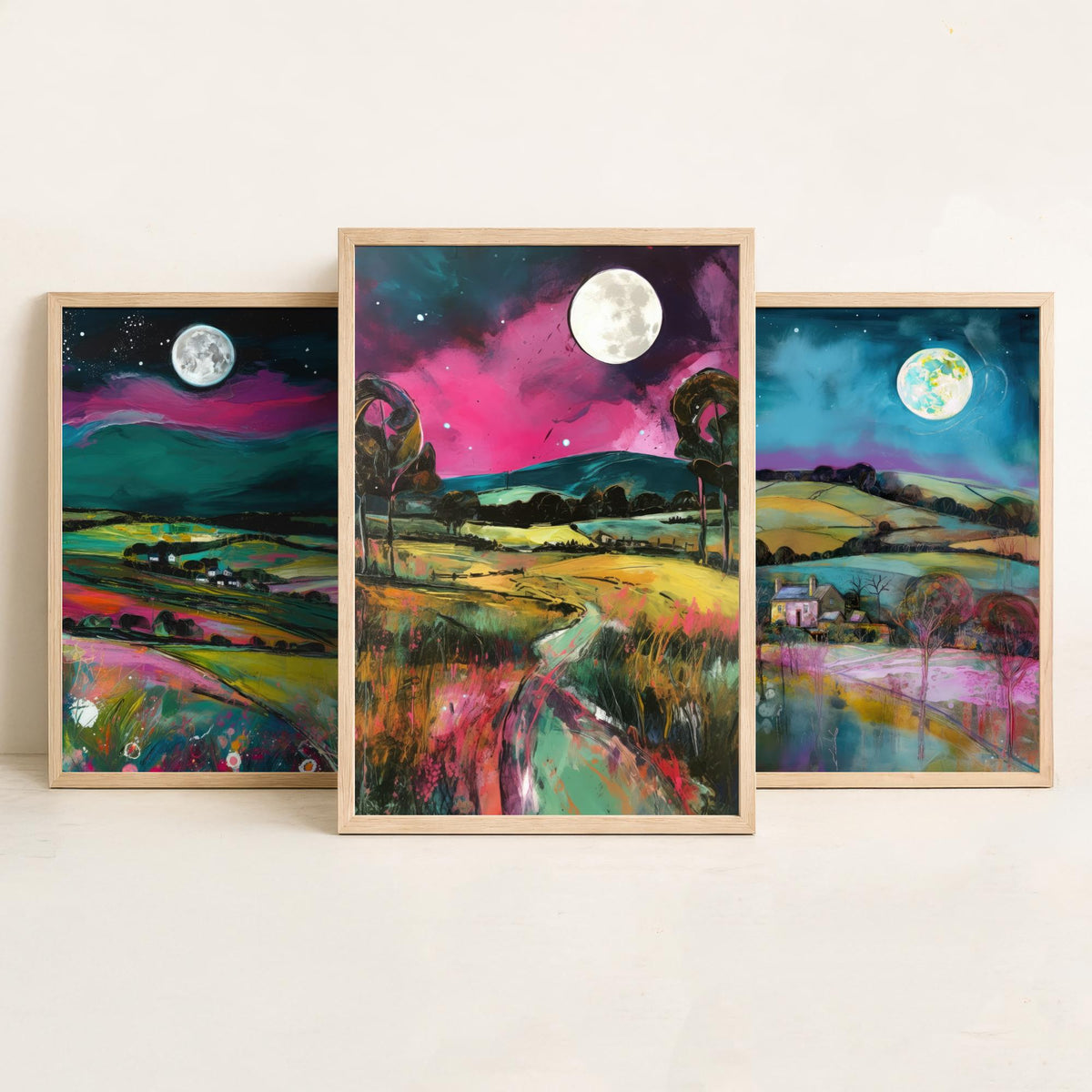 The Moon Lights Up the Countryside Set of Three Art Prints - Rolling Hills, Cottage, Country Lane - Pink Teal Illustration Poster