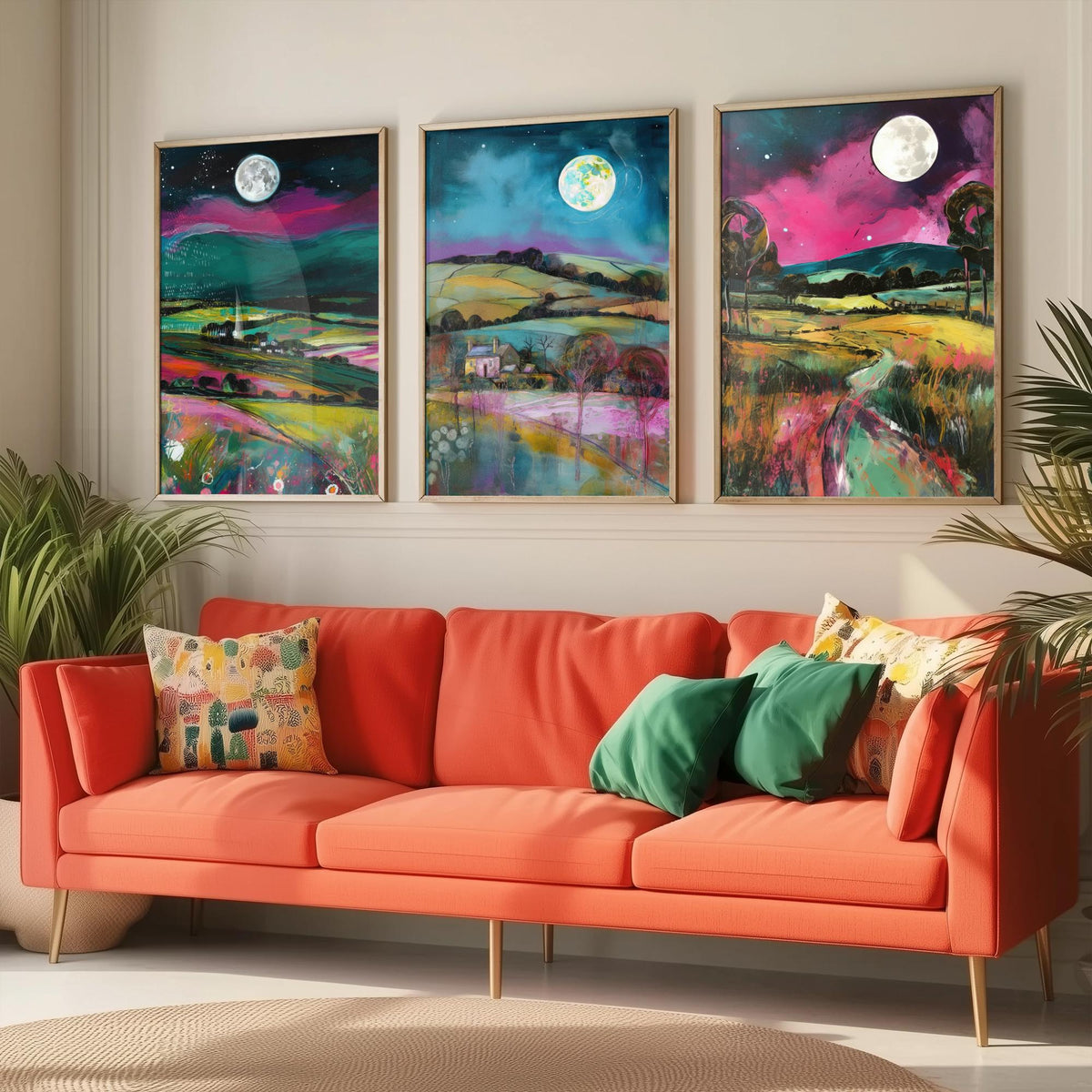 The Moon Lights Up the Countryside Set of Three Art Prints - Rolling Hills, Cottage, Country Lane - Pink Teal Illustration Poster