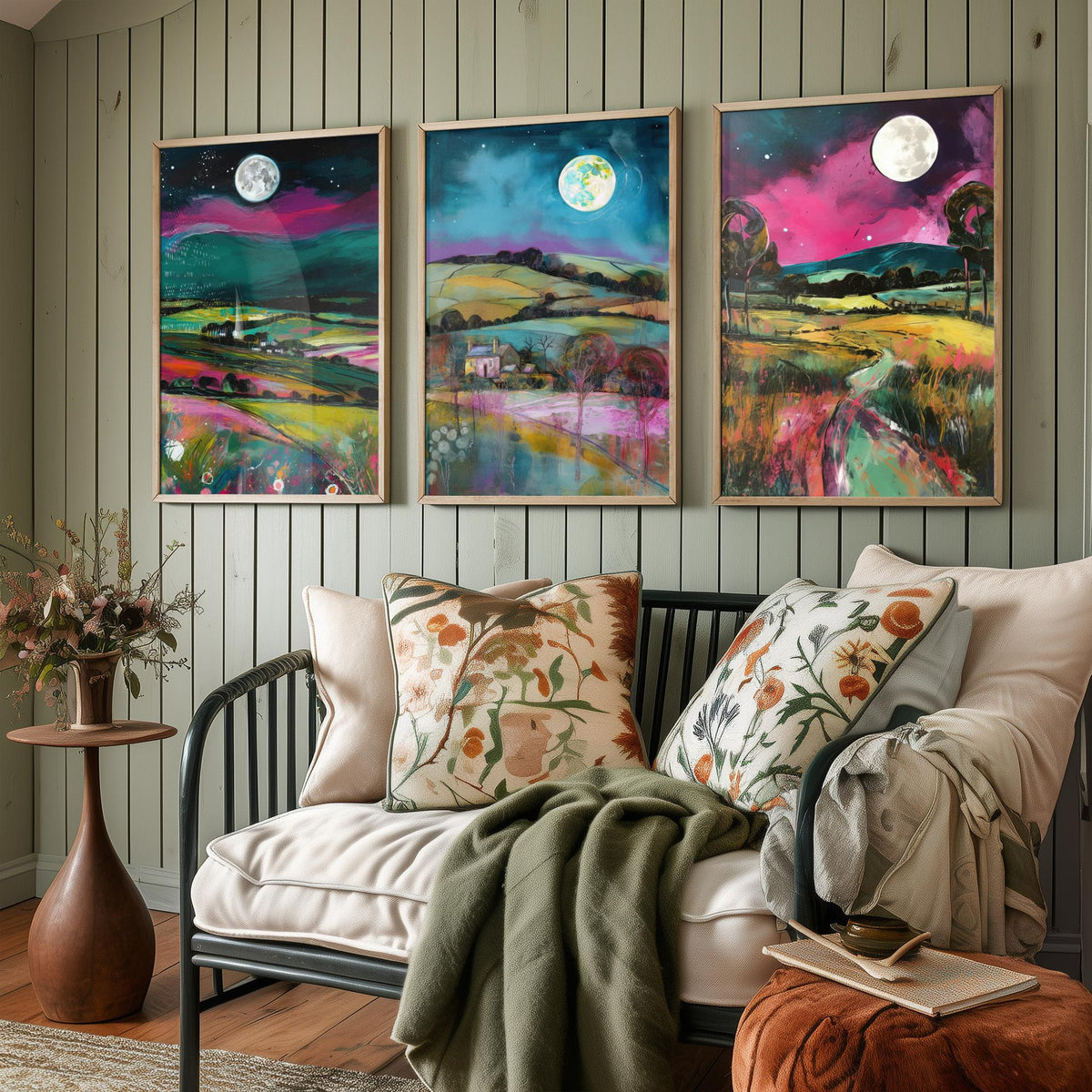 The Moon Lights Up the Countryside Set of Three Art Prints - Rolling Hills, Cottage, Country Lane - Pink Teal Illustration Poster