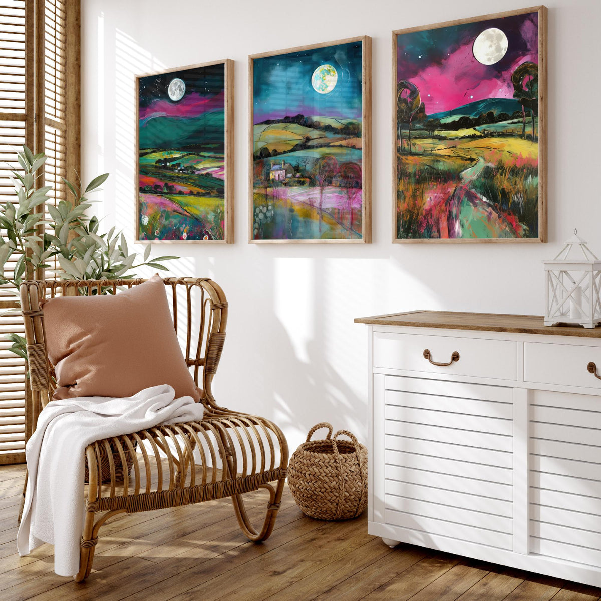 The Moon Lights Up the Countryside Set of Three Art Prints - Rolling Hills, Cottage, Country Lane - Pink Teal Illustration Poster