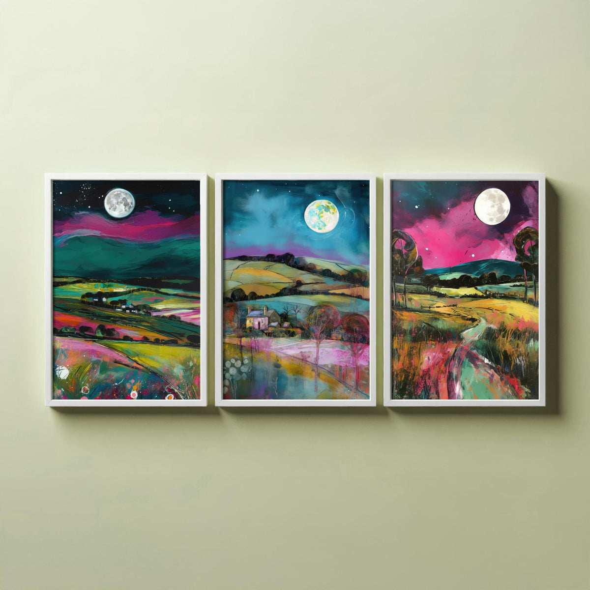 The Moon Lights Up the Countryside Set of Three Art Prints - Rolling Hills, Cottage, Country Lane - Pink Teal Illustration Poster