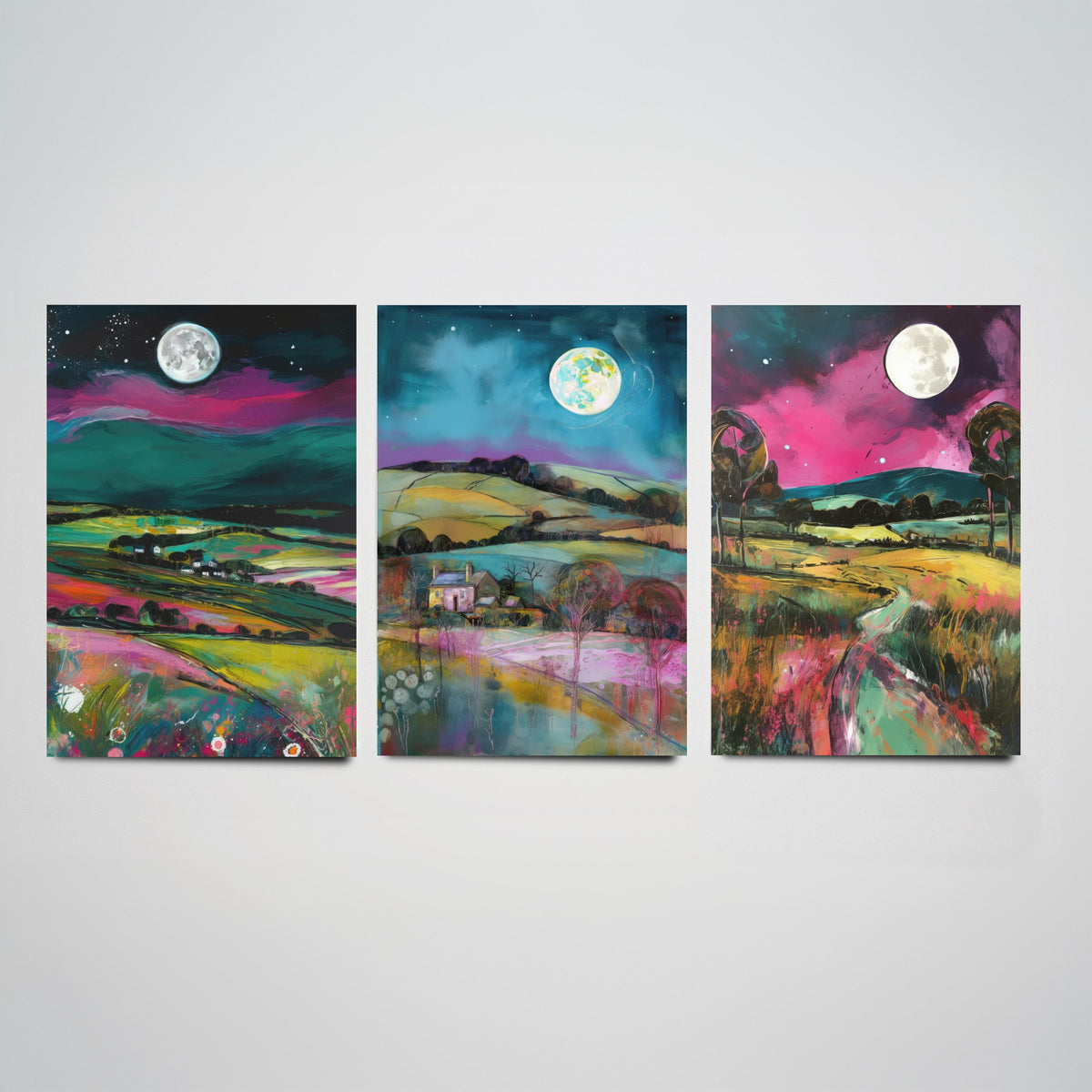 The Moon Lights Up the Countryside Set of Three Art Prints - Rolling Hills, Cottage, Country Lane - Pink Teal Illustration Poster