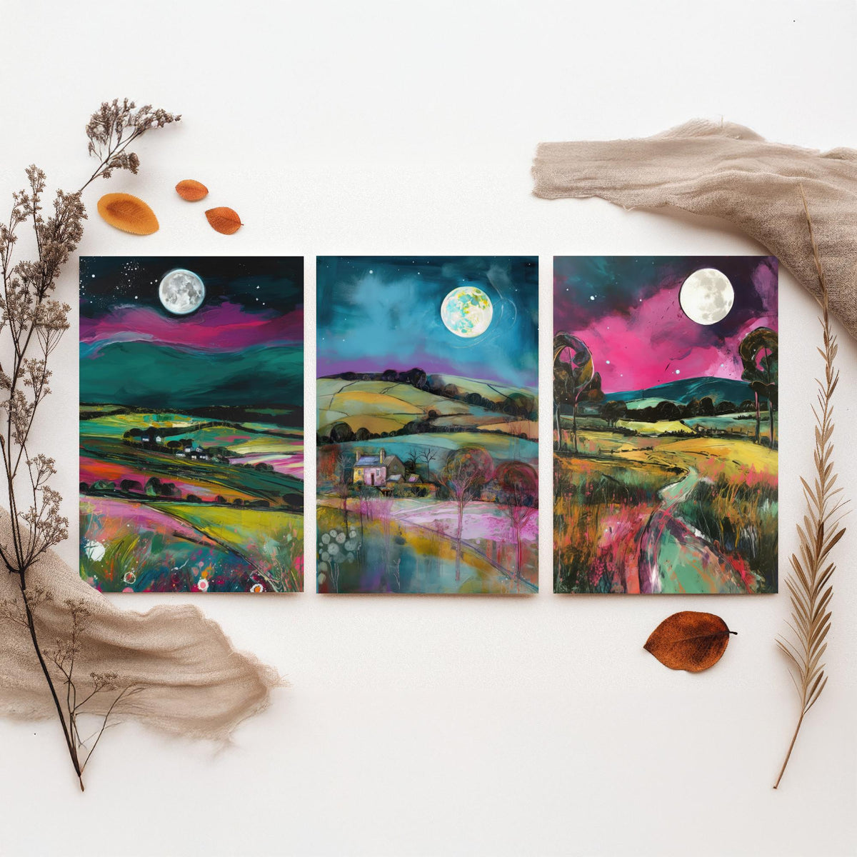 The Moon Lights Up the Countryside Set of Three Art Prints - Rolling Hills, Cottage, Country Lane - Pink Teal Illustration Poster