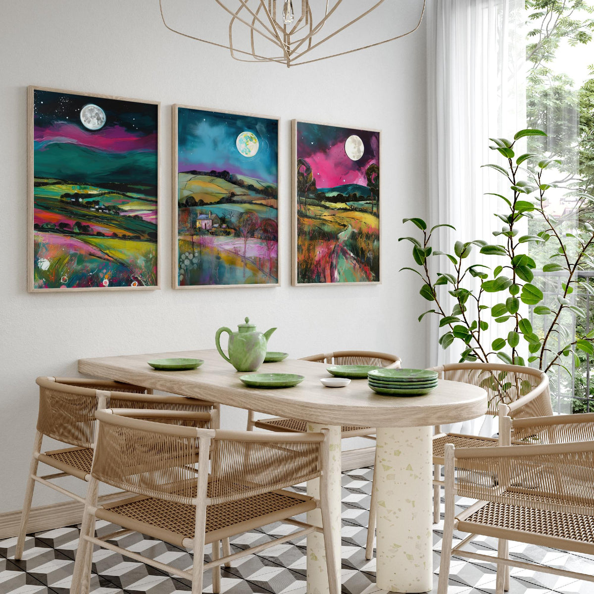 The Moon Lights Up the Countryside Set of Three Art Prints - Rolling Hills, Cottage, Country Lane - Pink Teal Illustration Poster
