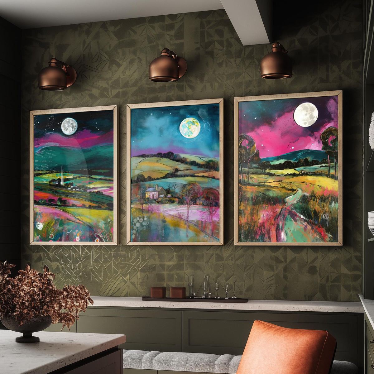 The Moon Lights Up the Countryside Set of Three Art Prints - Rolling Hills, Cottage, Country Lane - Pink Teal Illustration Poster