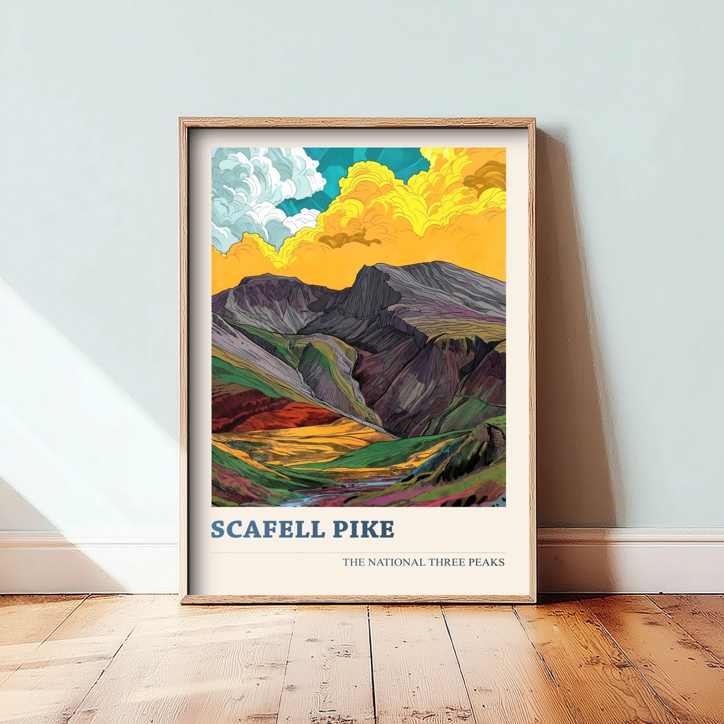 Scafell Pike Travel Poster - Art Print - Vibrant Linocut Illustration - Lake District Wall Art V2 1/3