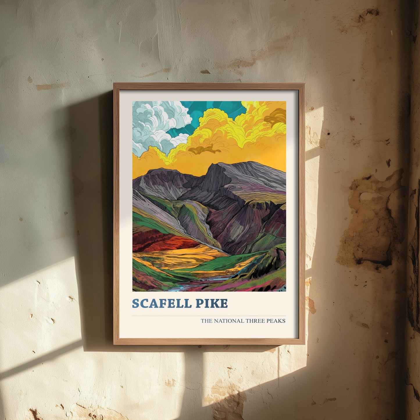 Scafell Pike Travel Poster - Art Print - Vibrant Linocut Illustration - Lake District Wall Art V2 1/3