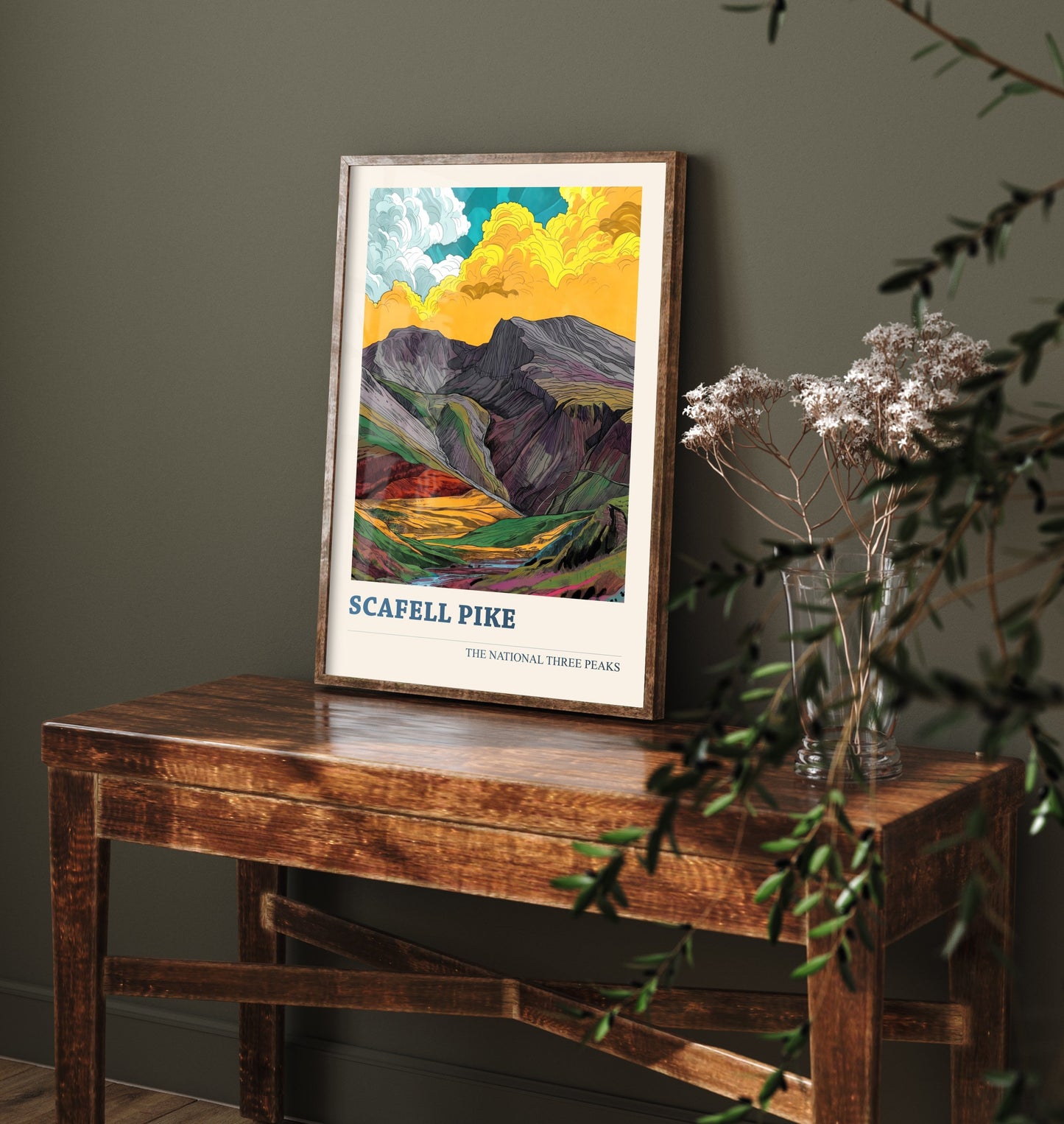 Scafell Pike Travel Poster - Art Print - Vibrant Linocut Illustration - Lake District Wall Art V2 1/3