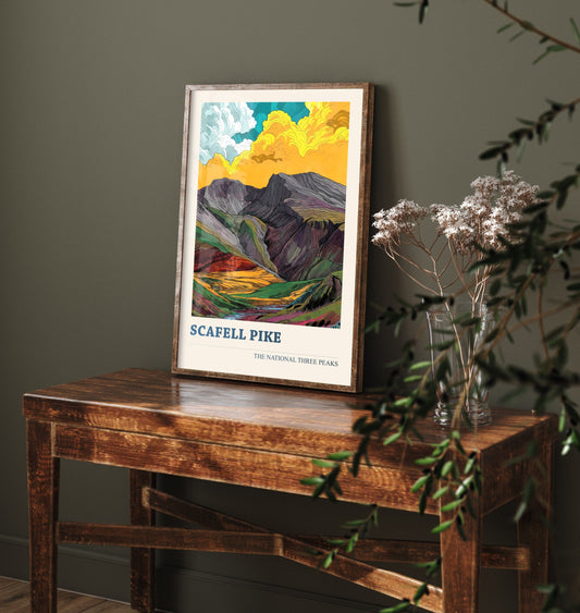 Scafell Pike Travel Poster - Art Print - Vibrant Linocut Illustration - Lake District Wall Art V2 1/3