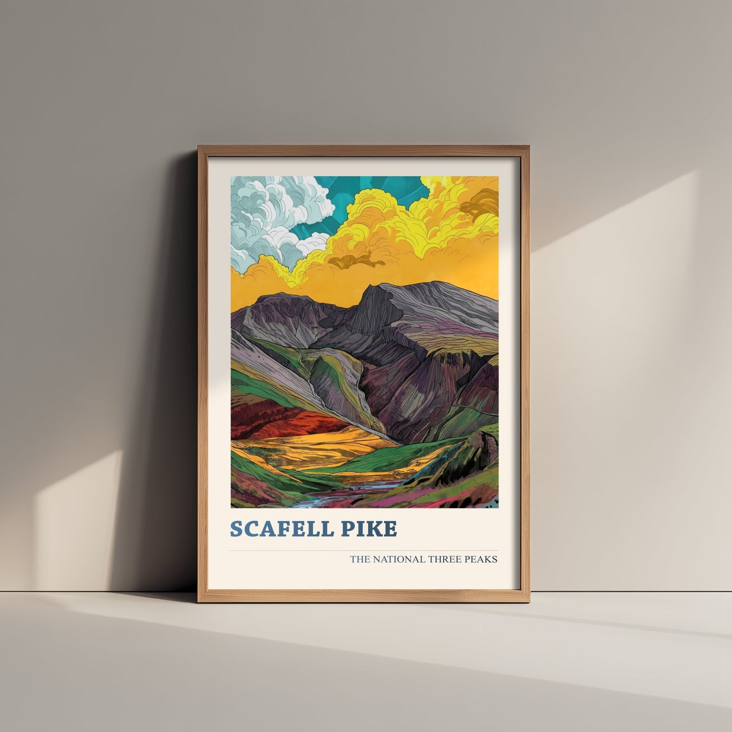 Scafell Pike Travel Poster - Art Print - Vibrant Linocut Illustration - Lake District Wall Art V2 1/3